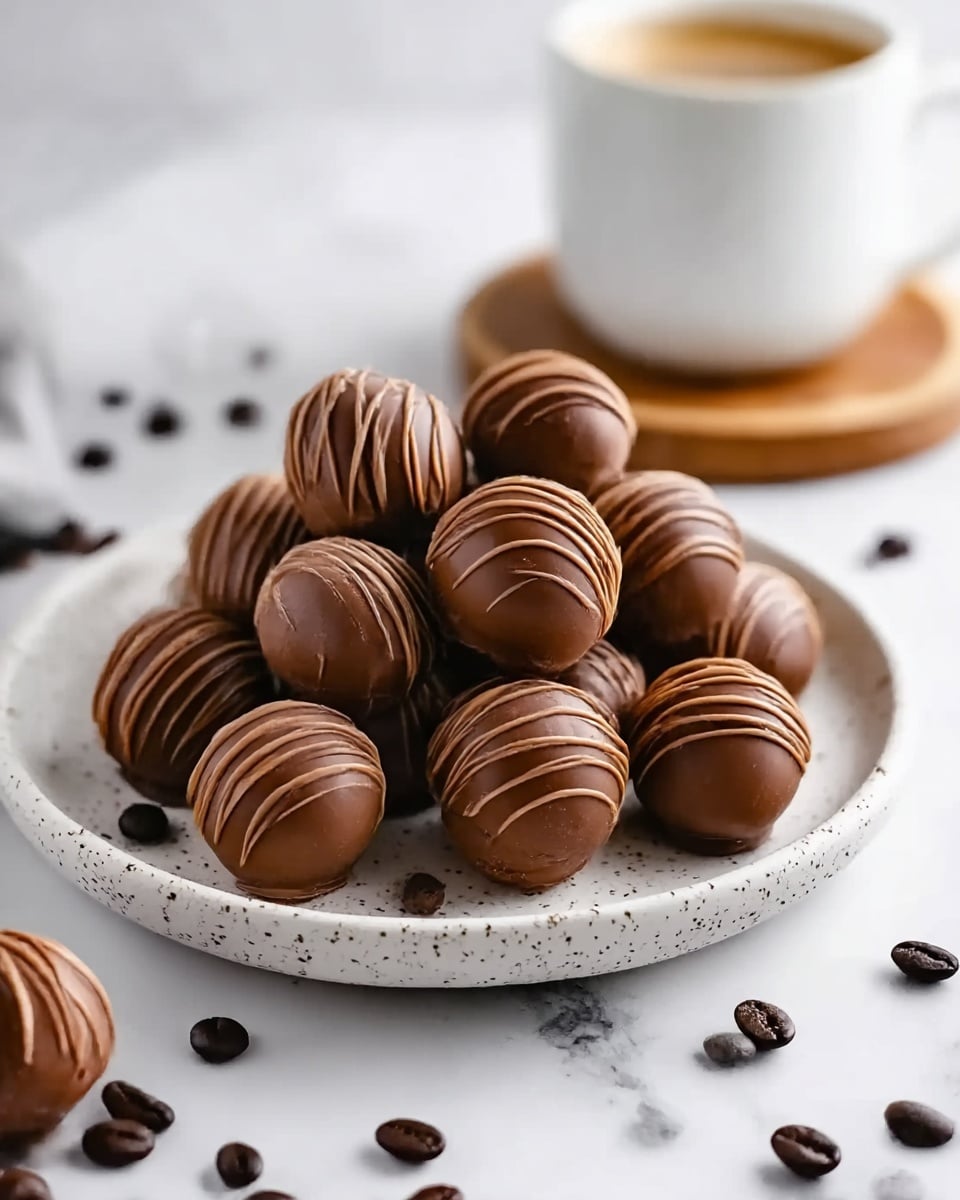 A white speckled plate filled with a pile of round chocolate truffles, each covered in smooth milk chocolate and decorated with thin light brown chocolate drizzles on top. The plate sits on a white marbled surface with scattered dark coffee beans around. In the background, there is a white cup on a wooden coaster, slightly blurred. The overall look is rich and inviting, with a soft focus on the truffles in the center. photo taken with an iphone --ar 4:5 --v 7