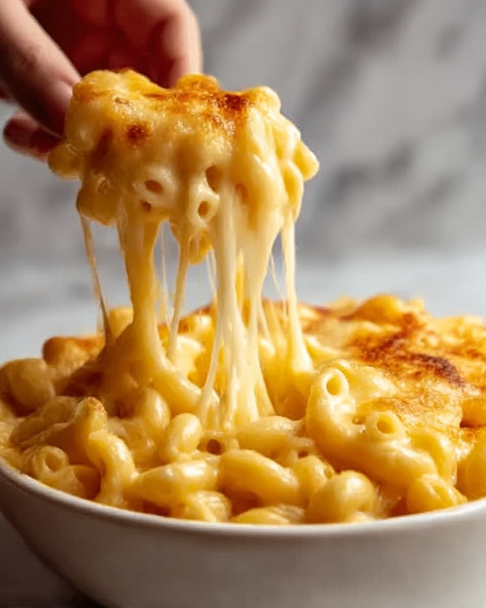 The image shows a close-up of creamy macaroni and cheese in a white bowl, with a woman's hand lifting a portion of pasta with stretchy melted cheese pulling upward. The top layer is golden brown and slightly crispy from baking, while below it is smooth, gooey cheese coating tender elbow macaroni. The cheese is bright yellow and looks rich and thick, covering every piece of macaroni. The background is a white marbled texture. Photo taken with an iphone --ar 4:5 --v 7