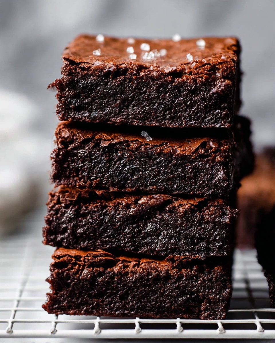 A close-up view of four thick, rectangular chocolate brownies stacked side by side with slightly cracked, rich dark brown tops showing a dense, fudgy texture inside. The brownies have a few small white sugar crystals sprinkled on top, adding a slight sparkle to the surface. The background shows a white marbled texture with a blurred round black wire cooling rack underneath, adding subtle texture behind the brownies. photo taken with an iphone --ar 4:5 --v 7