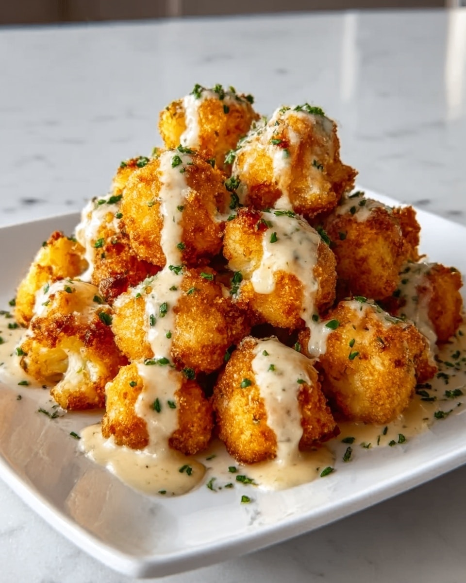 The image shows a white square plate piled with golden-brown fried cauliflower bites, each piece crisp and lightly textured. They are generously covered with a creamy white sauce that has a smooth, slightly thick texture, dripping over the sides. Small green herb pieces are sprinkled evenly on top, adding a fresh touch. The plate is set on a white marbled surface, creating a clean, bright background. Photo taken with an iphone --ar 4:5 --v 7