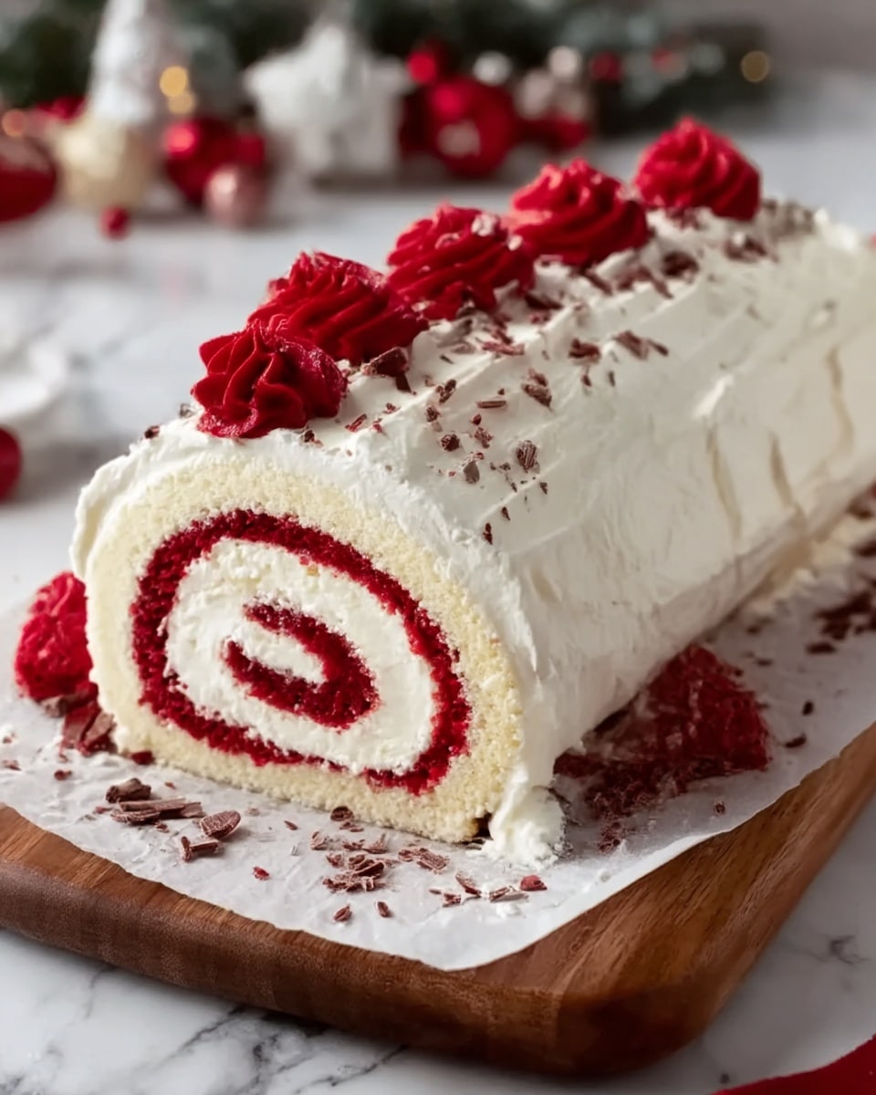 The image shows a red velvet roll cake placed on a wooden board over a white marbled surface. The cake has two main layers: a deep red sponge cake rolled tightly around a smooth, thick white cream layer. The outside is covered with white cream frosting, giving a soft and fluffy texture. On top, there are several evenly spaced red cream swirls adding a decorative touch. Some crumbs and a few white and red sprinkles lightly dust the frosting, enhancing the cake’s texture. In the background, a white bowl filled with small red fruits or berries can be seen. Photo taken with an iphone --ar 4:5 --v 7