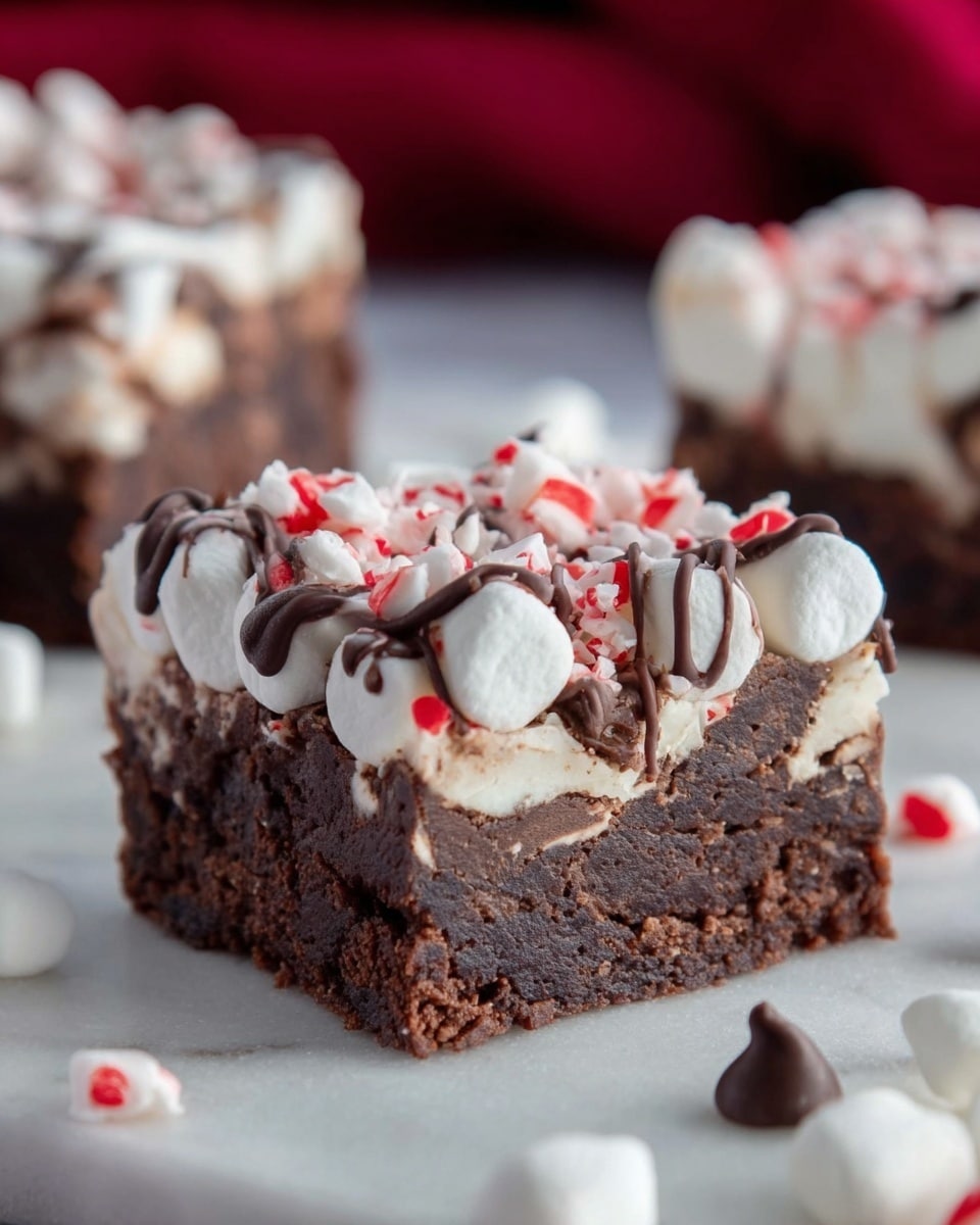 A close-up image of a thick square brownie with multiple layers on a white marbled surface. The bottom layer is a dense, dark brown brownie base. Above it is a lighter layer of chocolate mixed with white mini marshmallows embedded inside. The top layer consists of whole white mini marshmallows, scattered crushed red and white peppermint pieces, and thin dark chocolate drizzle in a zigzag pattern. Around the brownie on the marble surface are a few loose mini marshmallows, peppermint pieces, and a single chocolate chip. The background shows a blurred piece of the same brownie in the back and a deep red cloth on the top right side. Photo taken with an iphone --ar 4:5 --v 7