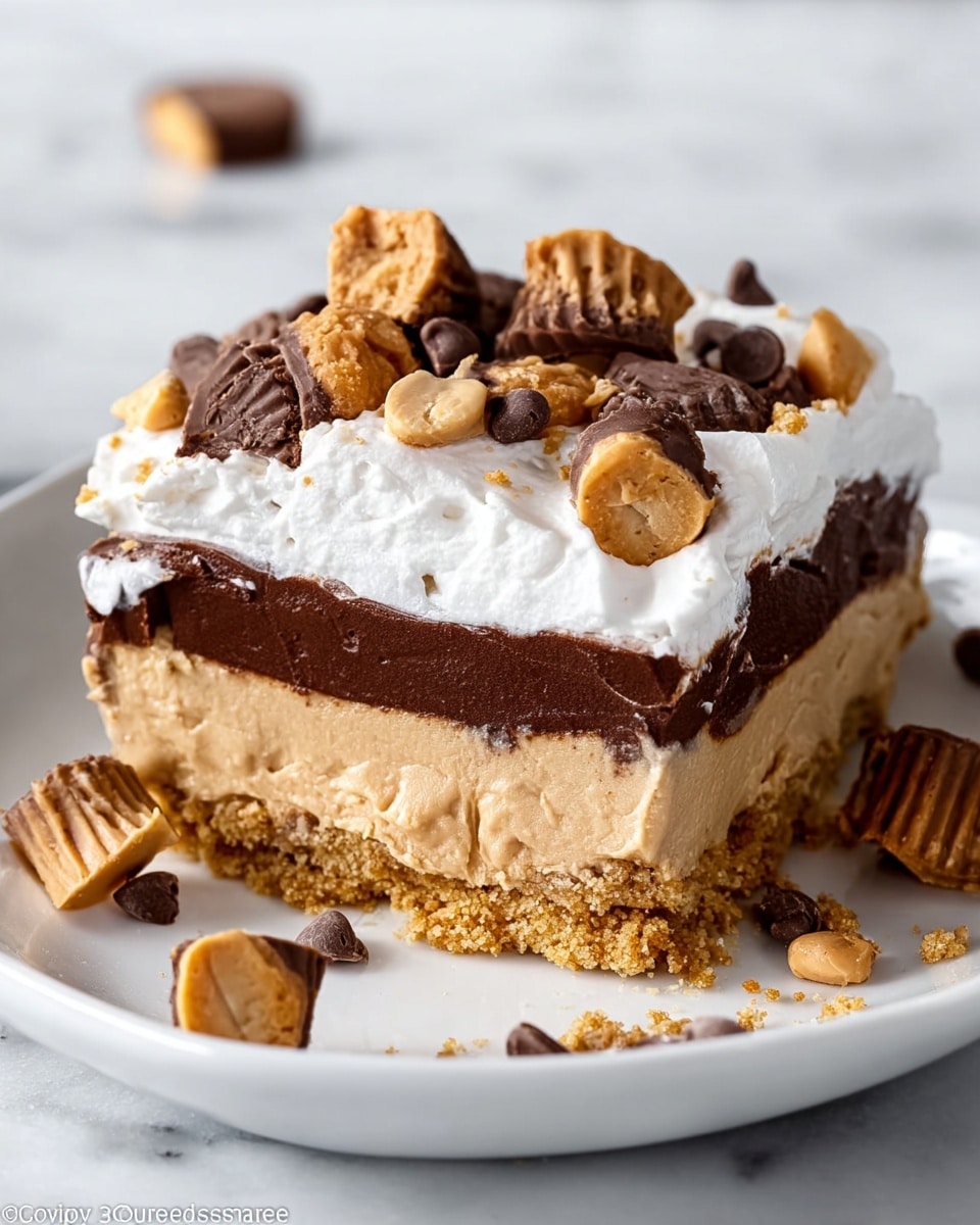 A square slice of dessert with four clear layers sits on a white plate placed on a white marbled surface. The bottom layer is a light brown crumbly crust, thick and uneven. Above it is a smooth, creamy beige peanut butter layer. The third layer is a rich, dark chocolate layer with a glossy texture. Topping the dessert is a fluffy, white whipped cream layer scattered with mini peanut butter cups, broken pieces of peanut butter cups, small smooth peanut butter chips, and dark chocolate chips. A few crumbs and small pieces of peanuts and peanut butter cups lie scattered on the plate around the slice. Photo taken with an iphone --ar 4:5 --v 7