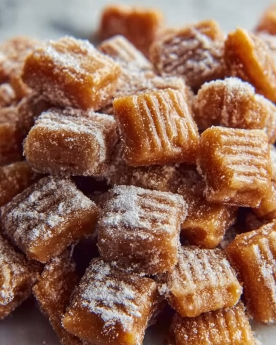 A close-up image showing a pile of square-shaped snack pieces with a shiny, slightly sticky caramel coating and some ridged texture on parts of the pieces. The snacks are dusted with white powdered sugar, adding a soft contrast to the golden brown caramel. The pieces are stacked unevenly, filling the frame and showing a mix of smooth caramel and powdery sugar textures on a white marbled surface. Photo taken with an iphone --ar 4:5 --v 7