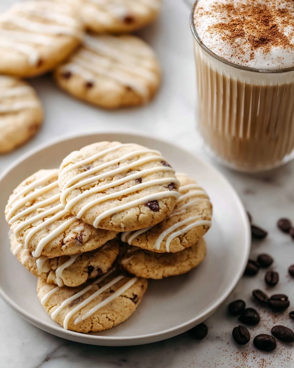 A white plate holds a stack of seven soft-looking cookies with a light golden brown color and some darker spots inside, showing bits of ingredients. Each cookie is topped with a drizzle of white icing in thin, diagonal lines that cover the tops evenly. In the background, to the right, there is a creamy light brown coffee drink in a ridged glass cup with a foam top sprinkled with cinnamon or cocoa powder. Some scattered dark brown coffee beans lie on the white marbled surface behind the plate, adding texture to the scene. Photo taken with an iphone --ar 4:5 --v 7