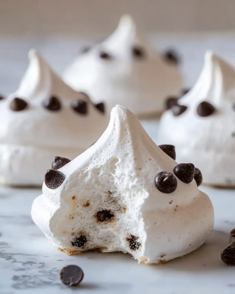 The image shows a group of three small meringue cookies with a soft white surface and smooth texture, each shaped like a small peak with a pointed tip. The front cookie is bitten to reveal a light, airy inside with visible bits of dark chocolate chips scattered throughout. The outer layer is dotted with small glossy dark brown chocolate chips, adding contrast to the white meringue. They rest on a white marbled surface, which adds a clean and fresh look to the image. Photo taken with an iphone --ar 4:5 --v 7