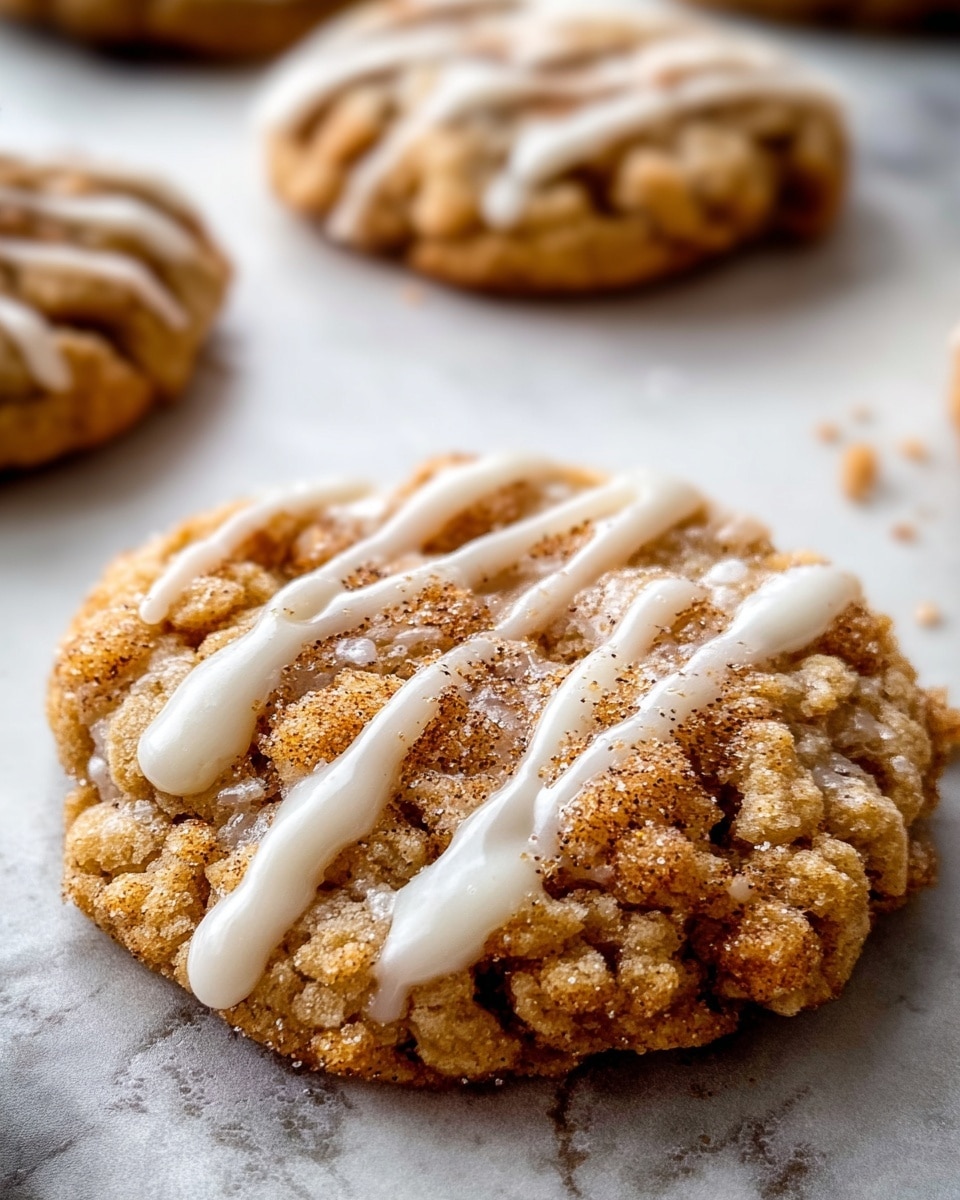A close-up view of a golden brown cookie with a rough, crumbly texture, showing a cracked top sprinkled with cinnamon or spice, topped by three uneven white icing lines drizzled across its surface; the cookie rests on a white marbled texture surface, with similar cookies blurred softly in the background. photo taken with an iphone --ar 4:5 --v 7