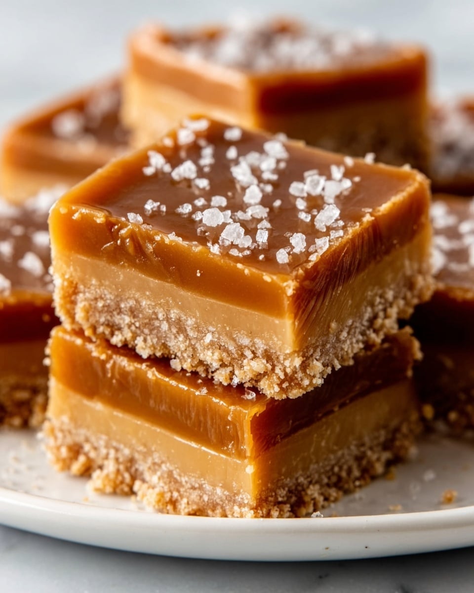 The image shows three square caramel bars stacked closely on a white plate with a smooth white marbled surface background. Each bar has two visible layers: a light brown, crumbly base with a grainy texture on the bottom and a thick, glossy caramel layer on top that has a rich golden brown color. The caramel is slightly shiny and sprinkled with coarse salt crystals that add a white contrast. The bars’ edges are clean and sharp, highlighting the thickness and softness of the caramel layer. photo taken with an iphone --ar 4:5 --v 7