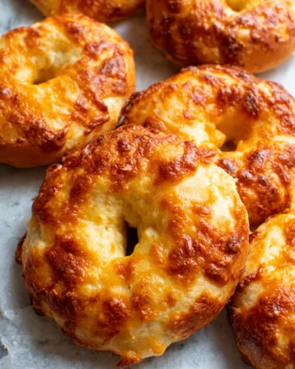The image shows a close-up of several golden-brown cheese bagels resting on parchment paper. The bagels have a slightly shiny, crispy surface with melted, toasted cheese creating an uneven but appetizing crust. The dough beneath looks soft and fluffy with some small cracks where the cheese has bubbled up. The bagels are arranged casually, some touching each other, and all have a classic round shape with a hole in the middle. The background is a white marbled texture. Photo taken with an iphone --ar 4:5 --v 7
