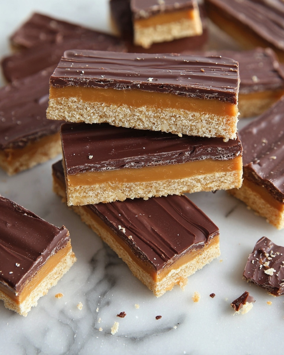 The image shows several rectangular dessert bars on a white marbled surface. Each bar has three clear layers: the bottom layer is a light tan crumbly base, the middle layer is a smooth caramel-like filling in a golden beige color, and the top layer is a glossy, dark brown chocolate coating with slight ridges. The bars are stacked and scattered, with some lying flat and others slightly tilted to show the layers inside. Small crumbs are scattered around the bars, enhancing the textured look. photo taken with an iphone --ar 4:5 --v 7