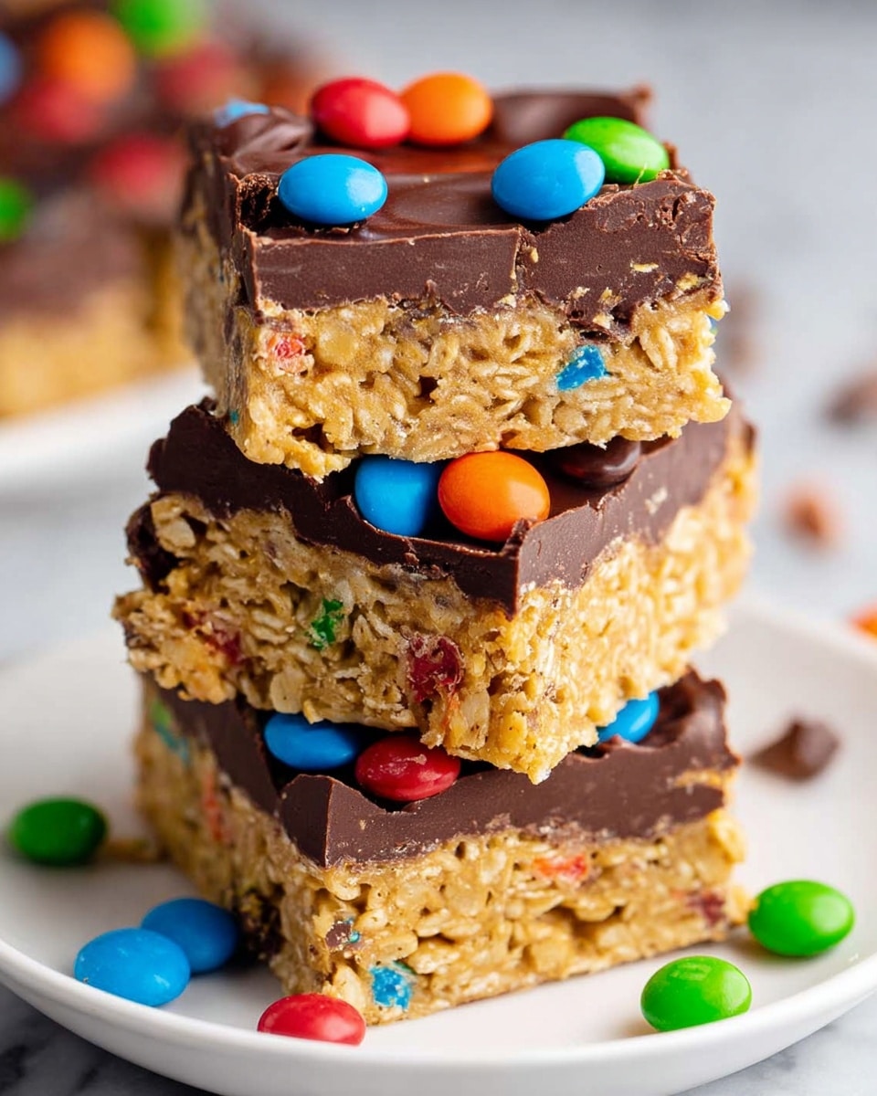 A stack of three square bars sits on a white plate with a white marbled texture background. Each bar has two distinct layers: a thick, rough-textured bottom layer of light golden cereal mixed with bits of colorful candy, and a smooth, dark chocolate top layer decorated with round, brightly colored candy pieces in red, blue, green, and orange. The bars show some texture where they are cut, and a few candies are scattered on the plate and around the stack. The overall look is vibrant and inviting. photo taken with an iphone --ar 4:5 --v 7