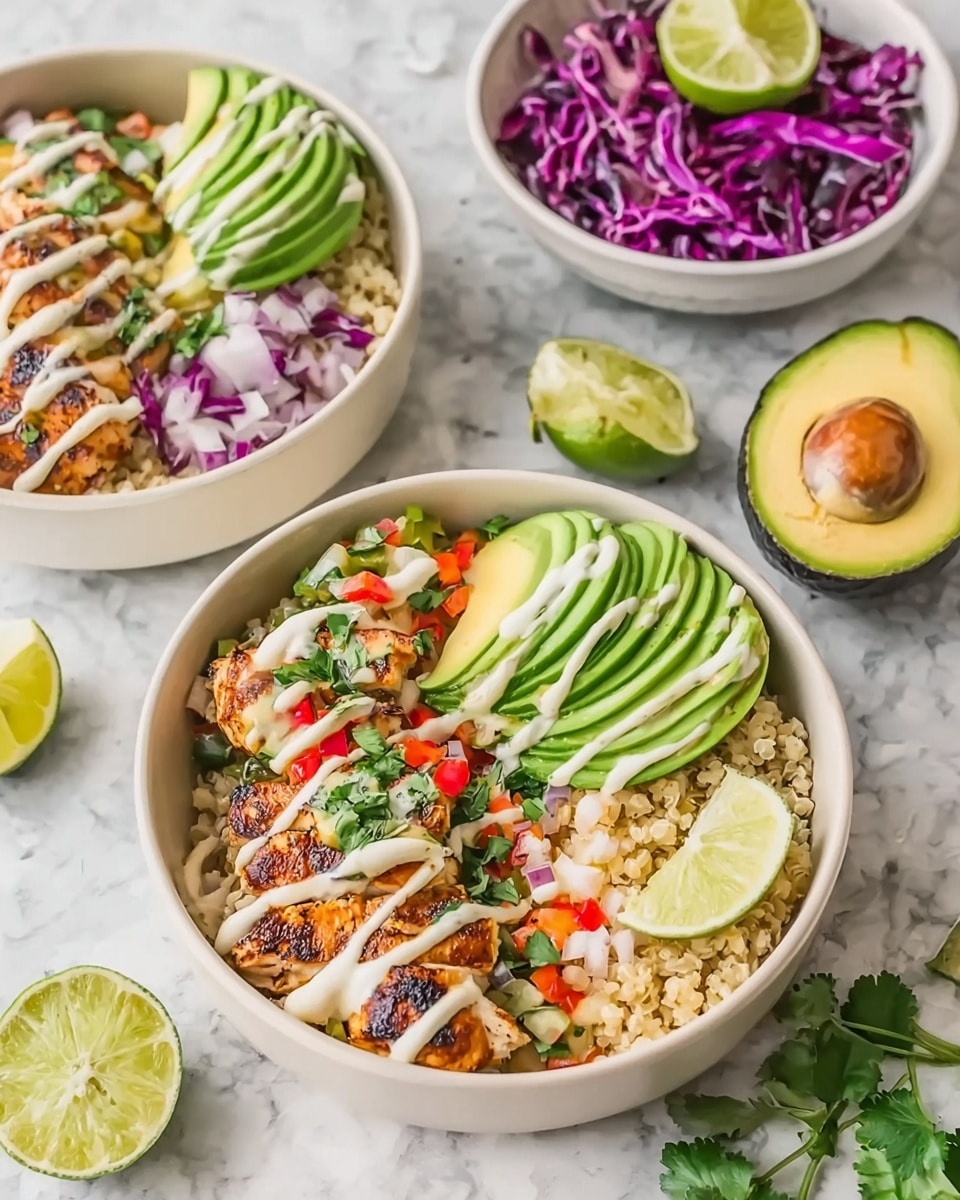 The image shows two white bowls filled with colorful food, placed on a white marbled surface with fresh limes and an avocado half nearby. Each bowl has a base layer of light-colored grains, topped with bright green avocado slices arranged in a fan shape on one side. Next to the avocado, there are golden-brown grilled chicken pieces drizzled with a creamy white sauce. Chopped vegetables like red bell peppers, onions, and green herbs add a fresh touch around the grains and chicken. A lime wedge is placed on the edge of one bowl. In the background, a white bowl with a purple cabbage salad garnished with a lime slice is also visible. Photo taken with an iphone --ar 4:5 --v 7
