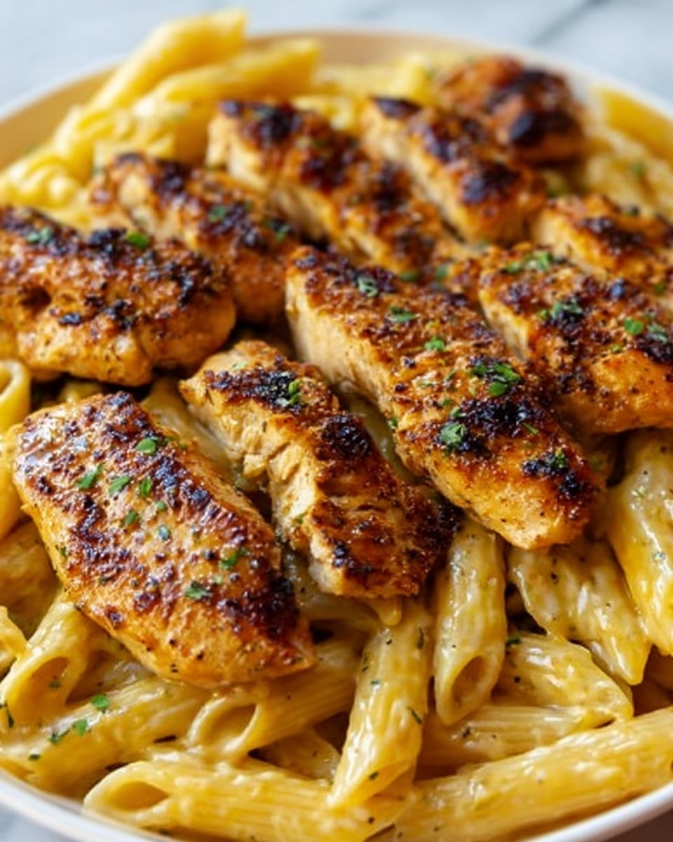 The image shows a close-up of a white plate filled with a creamy pasta dish topped with several grilled chicken breasts. There are about eight chicken pieces, each golden brown with dark grill marks and small green herb sprinkles, arranged evenly on a bed of creamy penne pasta that has light yellow sauce coating it. The pasta has a smooth and glossy texture, slightly curved in shape, filling the plate below the chicken. The background is a white marbled surface. Photo taken with an iphone --ar 4:5 --v 7