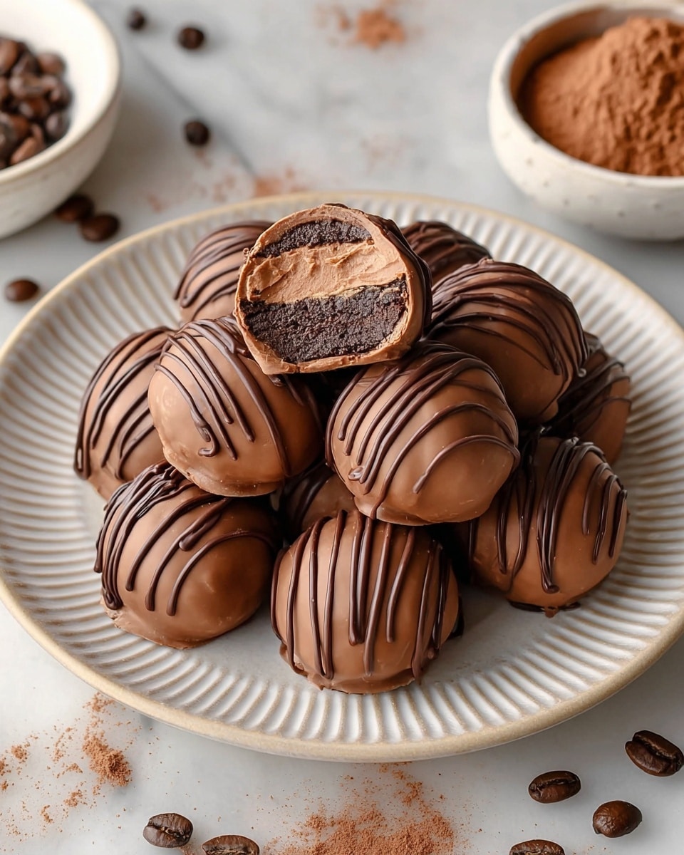 A white plate with grooved edges holds a stack of smooth, round chocolate truffles, each covered in milk chocolate with thin, darker chocolate drizzle lines on top. One truffle is cut open and placed on top, showing three layers inside: a dark brown base, a light brown middle, and a milk chocolate outer shell. Around the plate on a white marbled texture are scattered coffee beans and a small white bowl filled with cocoa powder partly visible. The scene captures a close-up of the chocolates with soft natural lighting. photo taken with an iphone --ar 4:5 --v 7