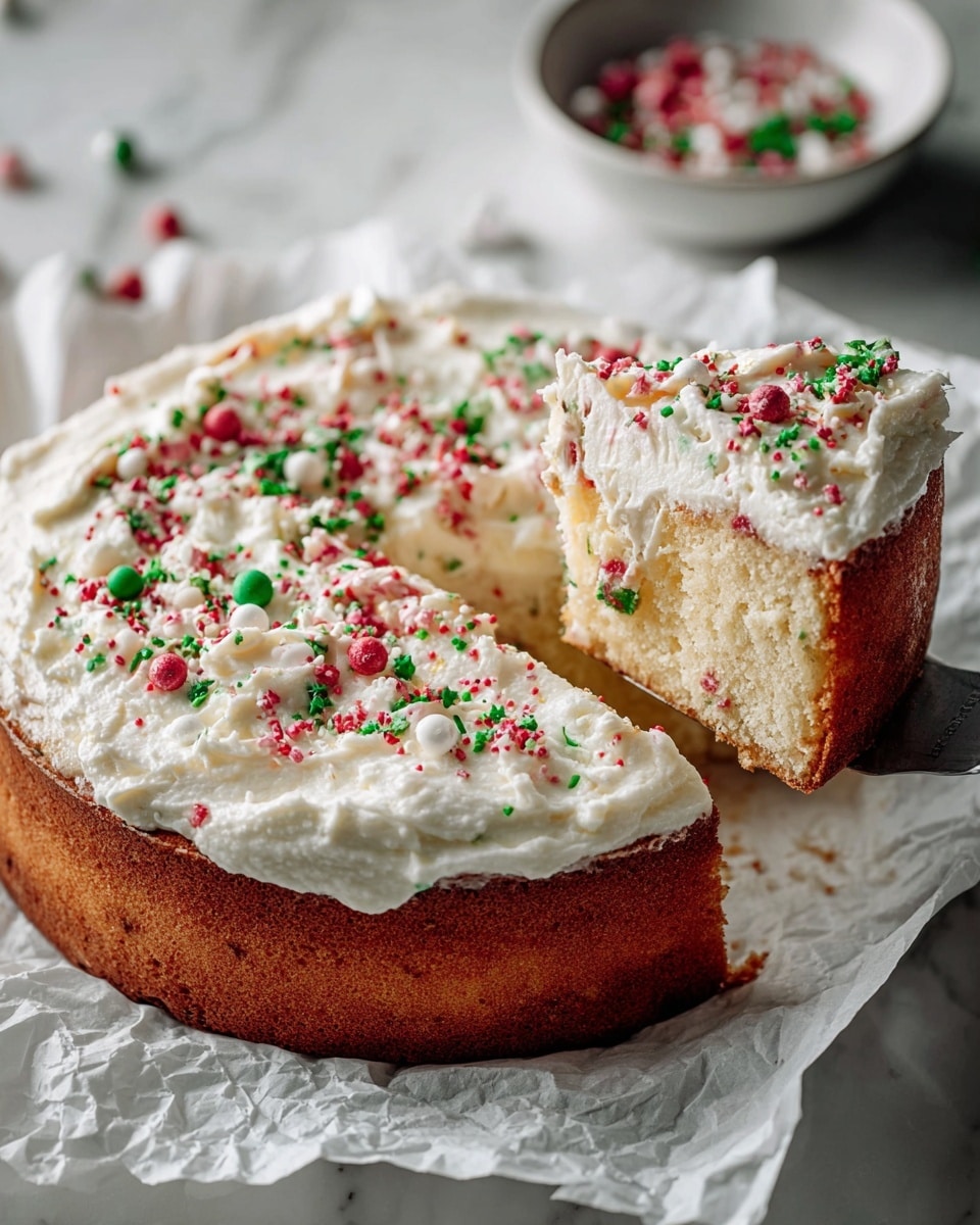 A round cake with a thick light brown crust and a creamy off-white interior shows one slice cut out and lifted by a spatula. The top layer is a thick spread of white frosting with a textured, whipped look, generously sprinkled with small red, green, white, and pink round and nonpareil sprinkles. The cake sits on crumpled white parchment paper over a white marbled surface. In the background, a white bowl with more red and green sprinkles is slightly blurred, adding to the festive feel. photo taken with an iphone --ar 4:5 --v 7