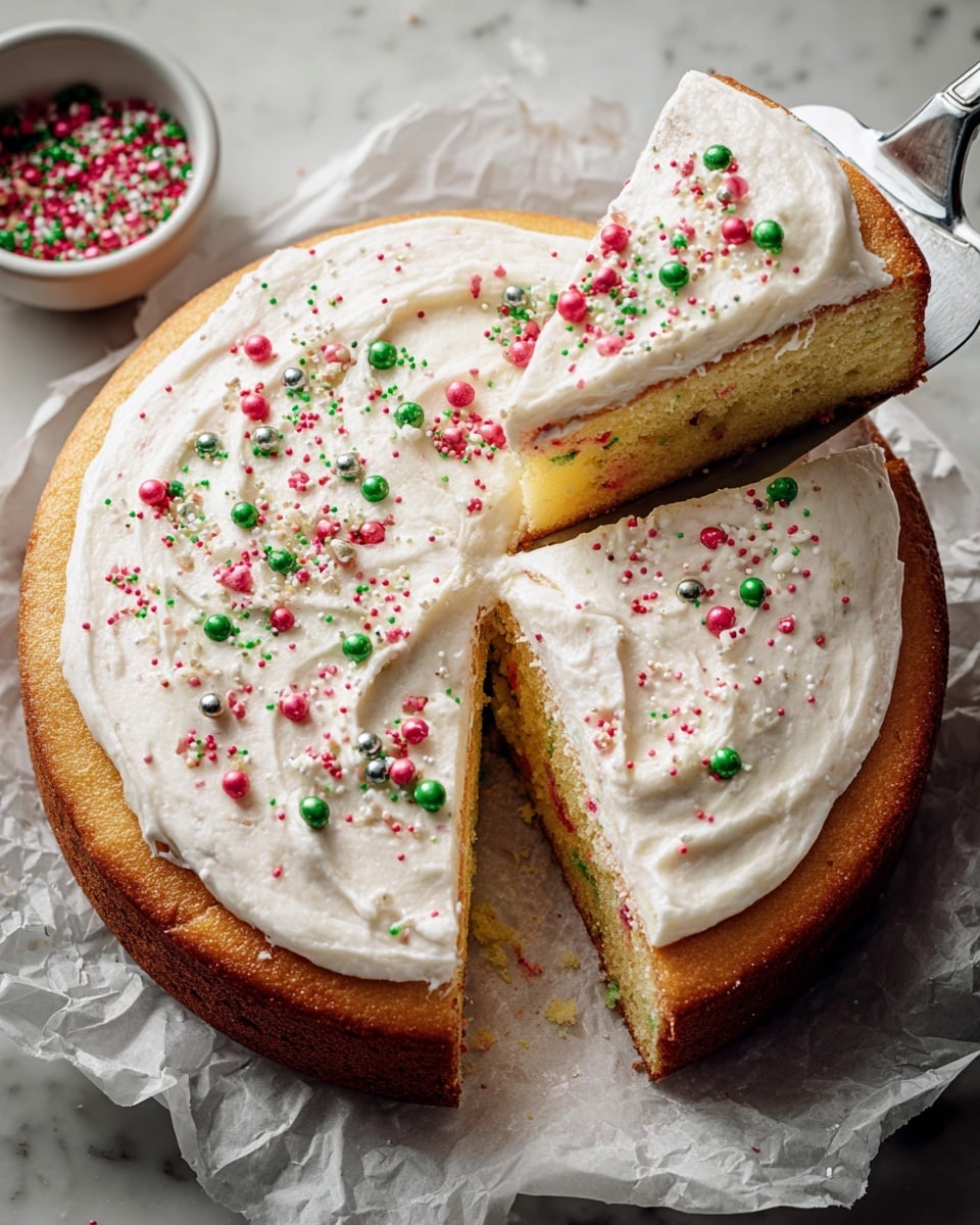 A round single-layer cake with a thick golden brown crust, topped generously with a smooth, white creamy frosting. The frosting is decorated with small round sprinkles in red, green, white, pink, and some sparkling tiny beads scattered evenly across the top. A slice has been cut out and is being lifted on a silver spatula, showing the cake's light yellow interior with colorful sprinkles baked inside. The cake sits on crumpled white parchment paper placed on a white marbled surface, with a small white bowl of matching sprinkles blurred in the background. photo taken with an iphone --ar 4:5 --v 7