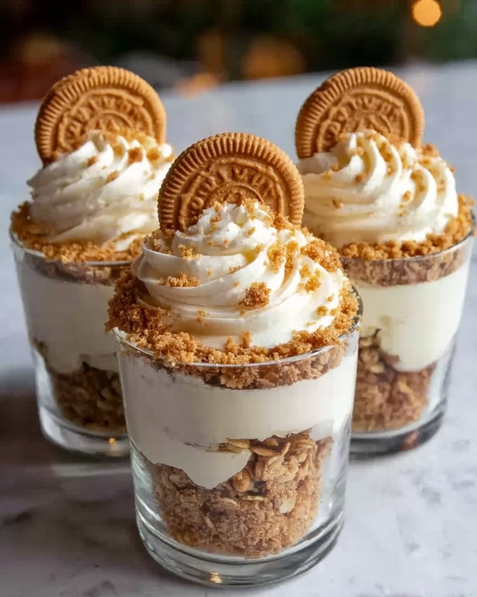 Three clear glass cups each hold a layered dessert with three main layers: the bottom is a crumbly golden-brown granola texture, the middle is a smooth creamy white layer, and the top is a thick swirl of white whipped cream. Each cup is topped with a round light brown cookie placed vertically in the cream, and small crushed granola pieces are sprinkled on the whipped cream. The cups are placed close together on a white marbled surface. Photo taken with an iphone --ar 4:5 --v 7