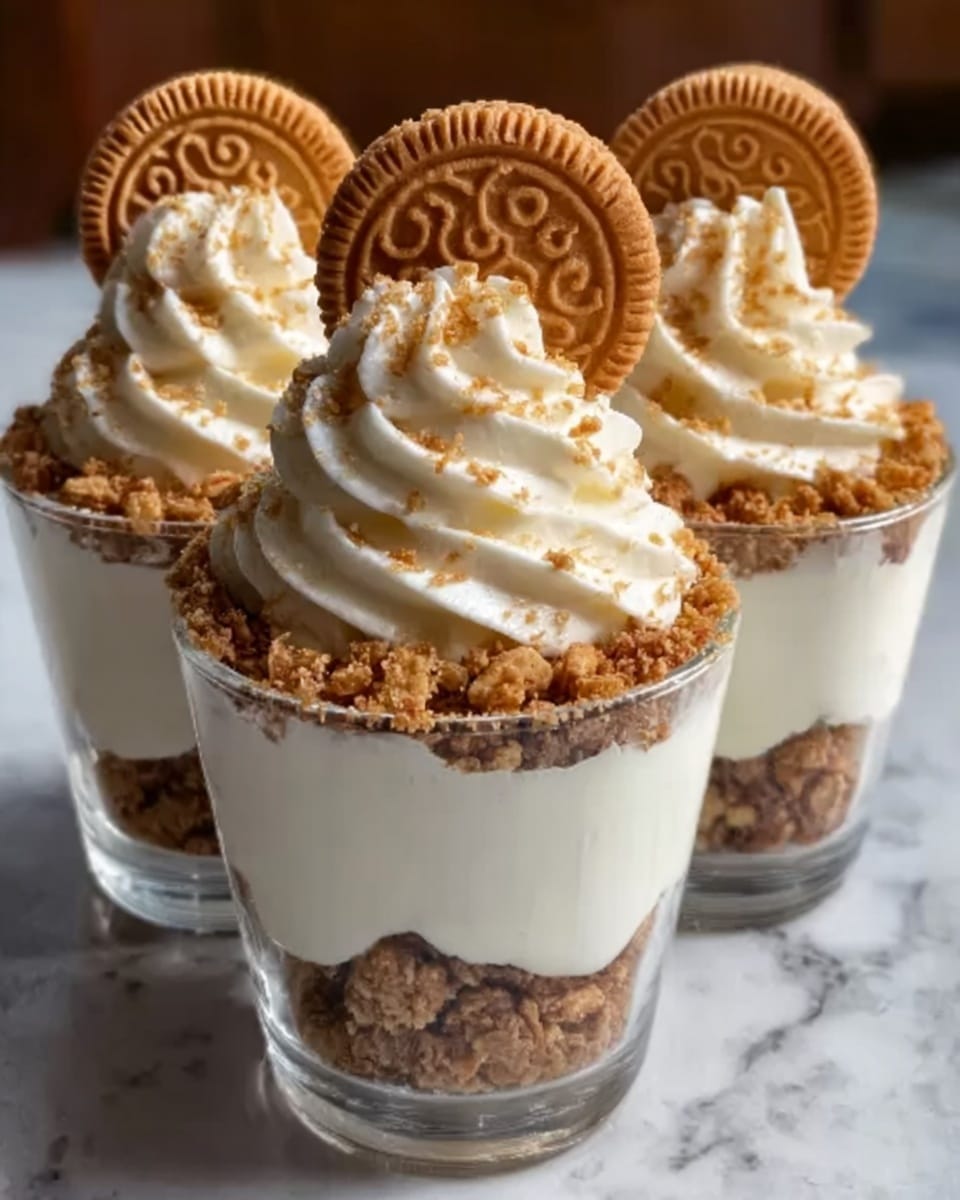 The image shows three clear glasses filled with layered dessert placed on a white marbled surface. Each glass has three main layers: a bottom layer of brown crumbly granola, a thick middle layer of smooth white cream, and a top layer of white whipped cream swirled in a spiral shape. On the whipped cream, there are small crumb bits sprinkled and a round cookie with a decorative pattern placed upright on the back edge of each glass. The overall look is neat and inviting, with the different textures and colors clearly visible through the glass. Photo taken with an iphone --ar 4:5 --v 7