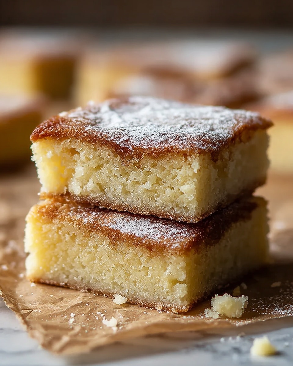 Two square pieces of golden brown cake are stacked, the top one showing a light dust of white powdered sugar on its slightly textured surface. Each piece has two layers: a moist, dense pale yellow cake layer and a thin, slightly crisp browned top layer. They rest on a sheet of parchment paper, placed on a white marbled texture, with a few blurred crumbs scattered around. In the background, more pieces of the same cake are softly focused. photo taken with an iphone --ar 4:5 --v 7
