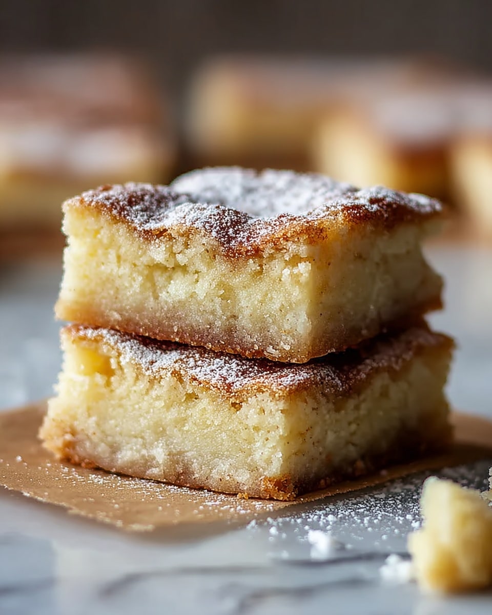 The image shows two square pieces of dessert stacked on top of each other on a white marbled surface. Each piece has a golden brown top dusted lightly with powdered sugar, while the inside looks moist and crumbly with a pale yellow color. The bottom layer is slightly darker and firmer, acting like a crust. In the background, there are more pieces blurred out, and some small crumbs are placed near the dessert in the foreground. Photo taken with an iphone --ar 4:5 --v 7