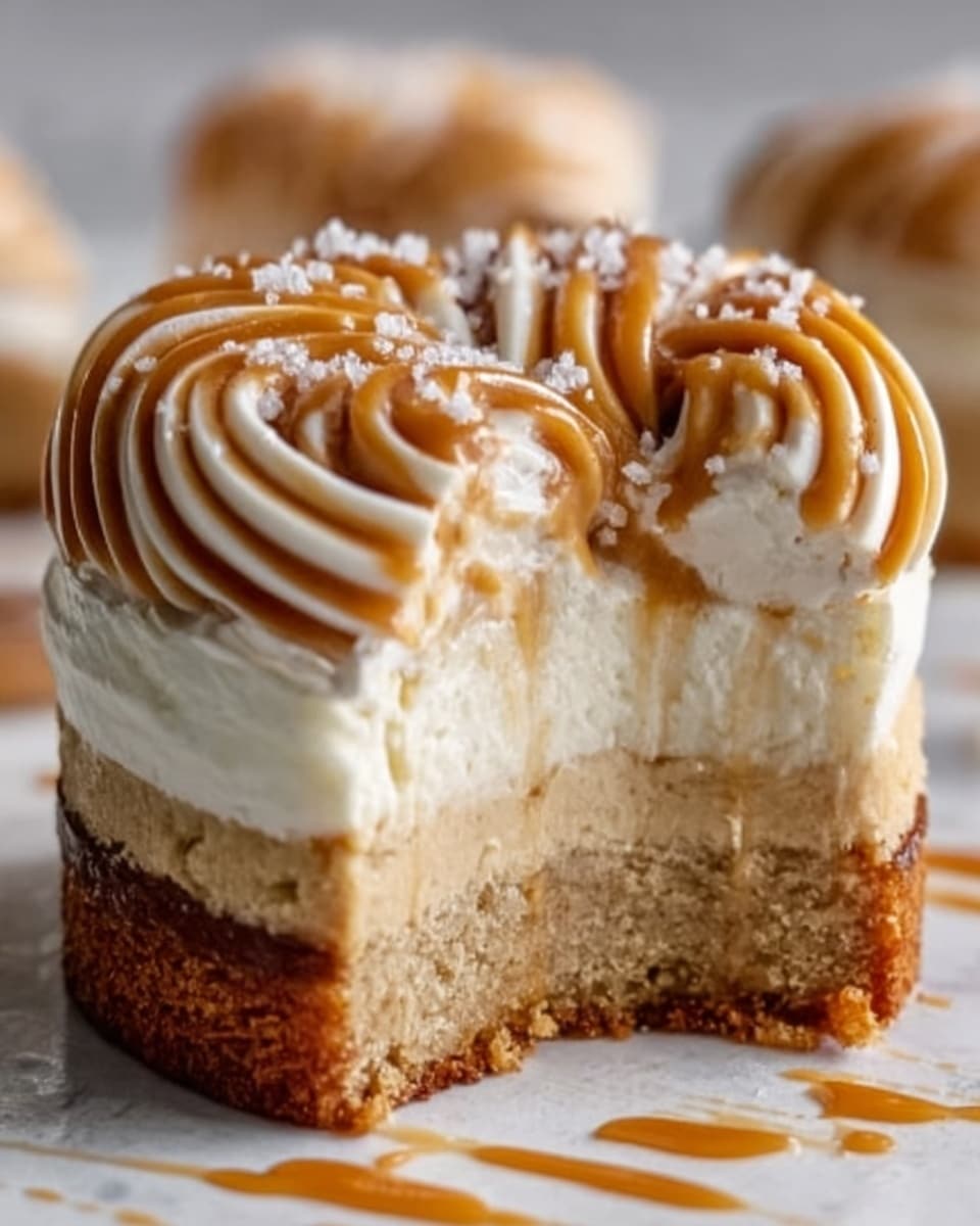The image shows a close-up of a small round cake with three visible layers. The bottom layer is a light brown, thick crumbly cake base. Above it is a smooth, creamy off-white filling layer about the same thickness as the cake. The top layer is a swirl of light brown caramel sauce piped in thick ribbons over a thin layer of white cream with a soft texture, decorated with coarse salt flakes. The cake is placed on a white marbled surface with some caramel drizzles around it. Photo taken with an iphone --ar 4:5 --v 7