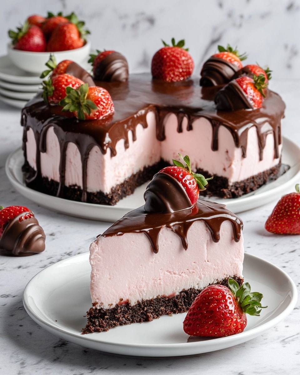 The image shows a round dessert with three main layers: a dark brown crumbly base at the bottom, a thick light pink creamy middle, and a glossy dark chocolate layer dripping down the sides on top. The chocolate layer is decorated with bright red strawberries and chocolate-covered strawberries. One slice is cut out and placed on a white plate in front, showing the smooth texture inside and the same chocolate drizzle on top. There is a loose strawberry placed next to the slice on the plate. The background is a white marbled texture with more strawberries on small white plates and scattered around. Photo taken with an iphone --ar 4:5 --v 7
