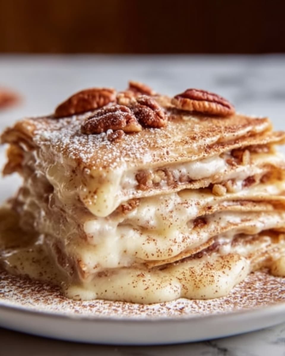 The image shows a close-up of a stacked layered dessert on a white plate, placed on a white marbled surface. The dessert has about five layers of thin, golden-brown crepes, each separated by a creamy, light beige filling that looks smooth and slightly melted. On top, there is a dusting of light brown cinnamon powder and a few pieces of chopped pecans adding a crunchy texture. The layers appear soft and slightly gooey with a gentle shine from the creamy filling. Photo taken with an iphone --ar 4:5 --v 7