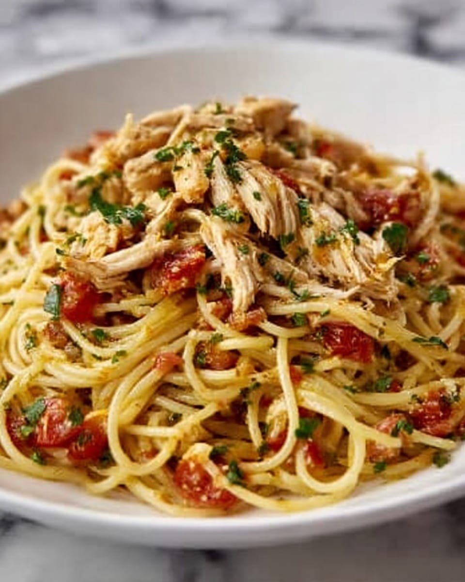 The image shows a close-up of a dish with a white plate filled with spaghetti pasta mixed with shredded light brown chicken pieces and small chunks of red tomatoes. The pasta is coated with a light sauce and sprinkled with small green parsley leaves and tiny flakes of black pepper, giving the dish texture and color contrast. The strands of spaghetti are tangled and layered evenly on the plate, with chicken pieces scattered throughout. The background is a white marbled texture. Photo taken with an iphone --ar 4:5 --v 7