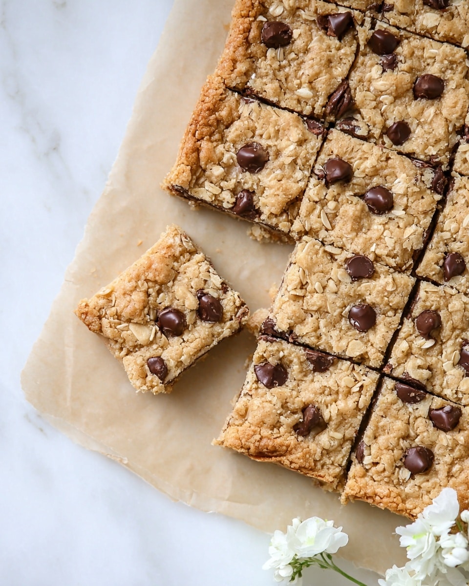 A close-up view of a tray of oatmeal chocolate chip bars cut into fifteen square pieces on a sheet of light brown parchment paper, placed on a white marbled surface. The bars have a golden-brown crumbly texture with visible oats scattered throughout and semi-melted dark chocolate chips embedded on the top layer. Two bars are slightly pulled out from the tray, one of which shows a smooth yet crumbly side with the chocolate chips peeking through. Soft white flowers lay near the bottom right corner of the parchment paper, adding a delicate touch to the scene. Photo taken with an iphone --ar 4:5 --v 7