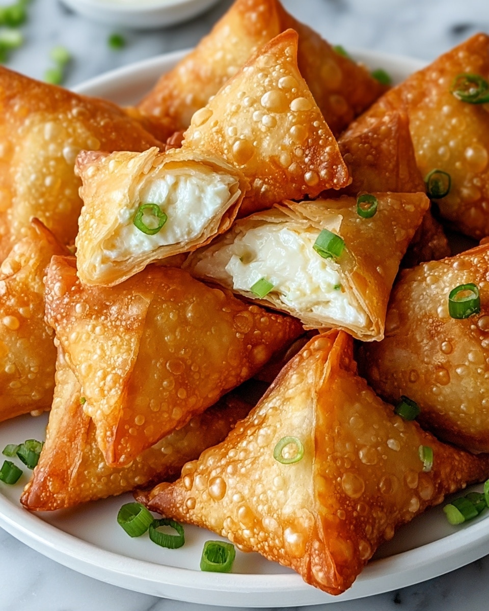 A white plate filled with many small, golden brown crispy triangular samosas that have a bubbly texture on their surface. One samosa is cut open and shows a creamy white filling inside, topped with a small piece of chopped green onion. Scattered over the samosas are small bits of fresh, bright green chopped onion. The plate rests on a white marbled texture. photo taken with an iphone --ar 4:5 --v 7