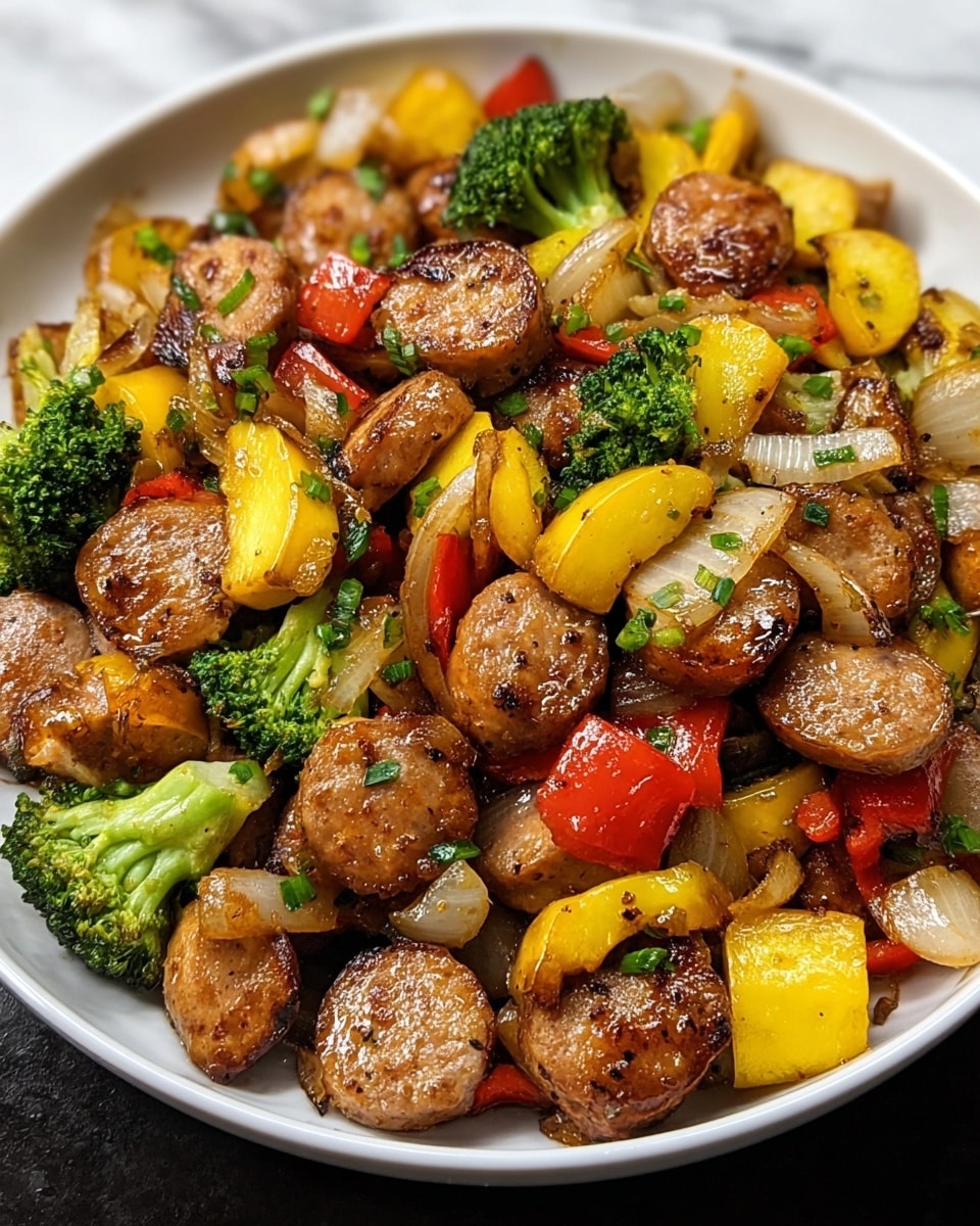 A close-up view of a dish on a white plate filled with cooked slices of browned sausage as the main layer, mixed with pieces of bright yellow squash, small green broccoli florets, chunky red bell pepper pieces, and translucent cooked onions, all coated in a slight glossy oil. The ingredients are unevenly spread and layered, creating a colorful and textured look. The plate sits on a white marbled surface. Photo taken with an iphone --ar 4:5 --v 7