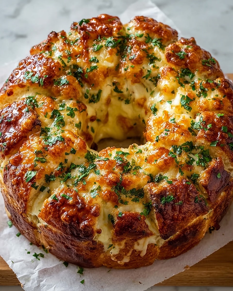 A round, golden-brown pull-apart bread with a shiny, crispy cheese crust on top, baked in a ring shape with a hollow center. The bread is divided into segments with melted cheese oozing between each part. Fresh green herbs are sprinkled generously over the entire surface, adding a fresh pop of color. The bread sits on white parchment paper placed on a white marbled surface, highlighting its warm, inviting texture. photo taken with an iphone --ar 4:5 --v 7