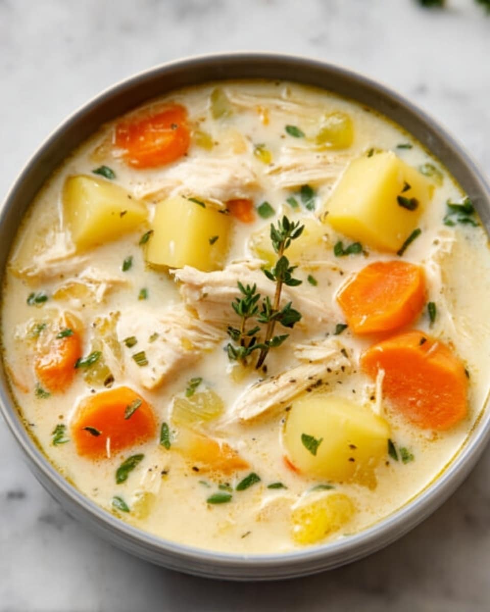 The image shows a round white bowl filled with creamy chicken soup placed on a white marbled surface. The soup has several layers, starting with a smooth, light cream-colored broth base. Floating on top are pieces of white shredded chicken, bright orange carrot slices, and yellow potato cubes. Small green herbs are sprinkled throughout the soup, with a small sprig of fresh thyme resting in the center. The soup has a warm and inviting look, with visible textures of tender meat and soft vegetables. Photo taken with an iphone --ar 4:5 --v 7