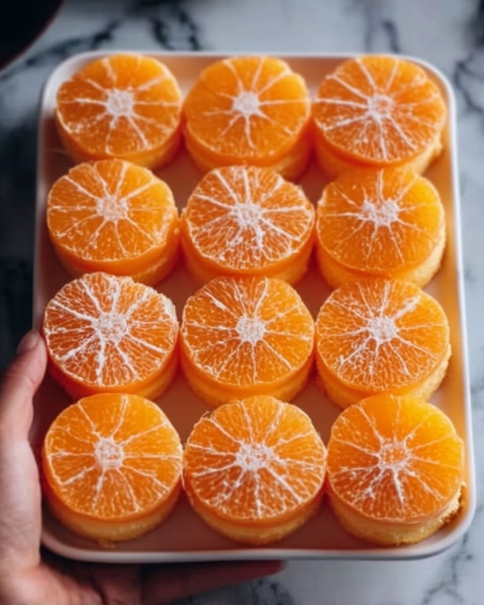 The image shows a tray filled with many round orange slices stacked in pairs, each stack having two layers, the slices are bright orange with a slightly shiny, moist texture and visible white lines and segments on the surface, the tray is white and is being held by a woman's hand on a white marbled surface. photo taken with an iphone --ar 4:5 --v 7