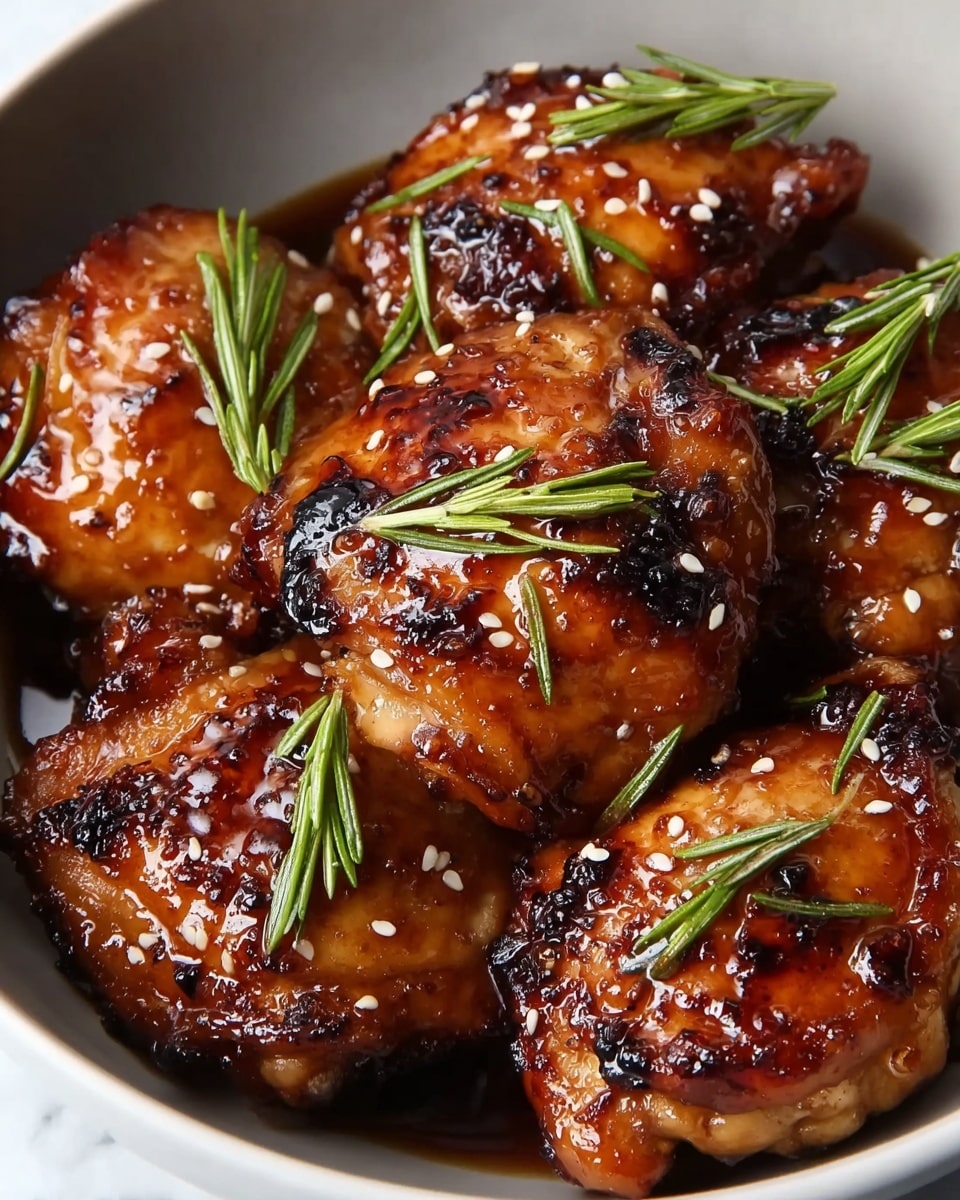 A close-up shot of six glazed chicken thighs placed in a white bowl, each piece showing a shiny brown glaze with charred spots, giving a rich caramelized look. The chicken pieces are garnished with small white sesame seeds and fresh green rosemary leaves scattered on top and between the pieces. The chicken texture looks tender and juicy with some slight crisp on the edges. The bowl sits on a white marbled surface. photo taken with an iphone --ar 4:5 --v 7