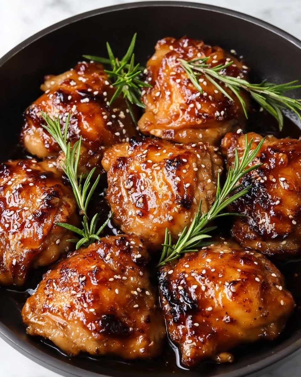 The image shows six pieces of glazed chicken thighs arranged close together in a black pan. Each piece has a rich golden-brown color with a shiny, sticky glaze that highlights slight char marks and caramelized edges. Small white sesame seeds are scattered over the chicken, adding texture and contrast. Fresh green rosemary sprigs are placed between and on top of the chicken pieces, giving a touch of color and freshness. The pan sits on a white marbled surface that adds a clean, elegant background. photo taken with an iphone --ar 4:5 --v 7