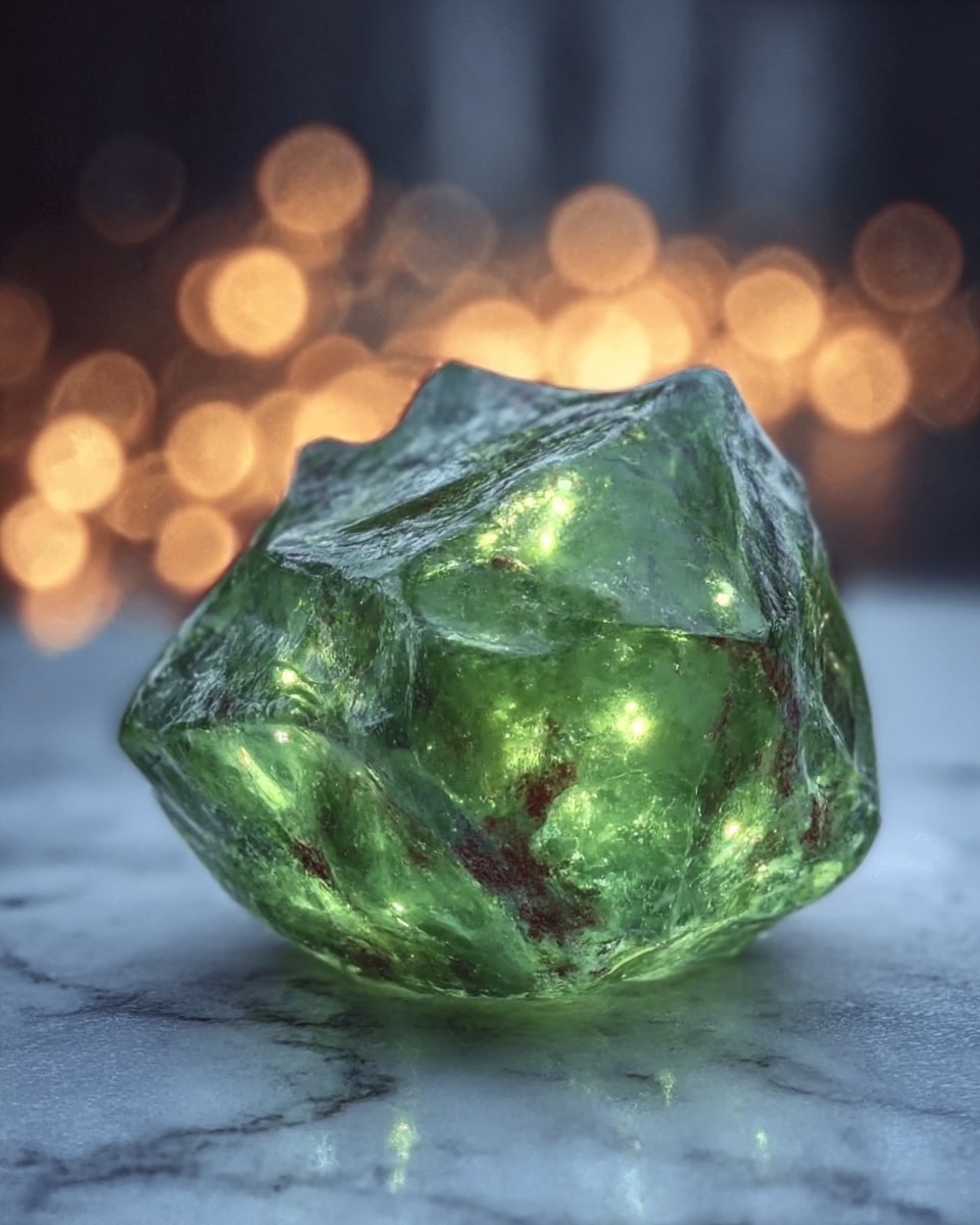 A close-up image of a single large translucent green crystal with irregular shapes and smooth, shiny surfaces. The crystal has glowing light spots inside, making it look bright and clear. It rests on a white marbled textured surface with soft, round bokeh lights blurred in the background, giving a warm, glowing atmosphere. Photo taken with an iphone --ar 4:5 --v 7
