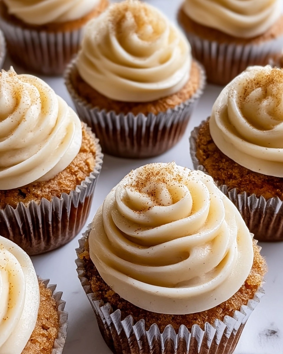 The image shows several cupcakes arranged closely on a white marbled surface. Each cupcake has two main layers: the bottom layer is a textured, moist light brown cake with visible crumbs, sitting inside a pleated silver foil wrapper, and the top layer is a thick swirl of creamy off-white frosting with a smooth, slightly glossy texture. The frosting is piped in a circular motion, creating elegant ridges and peaks on top of the cake. Light brown sugar or cinnamon sprinkles are scattered on the frosting, adding texture and a touch of color contrast to the creamy swirl. The overall look is soft and inviting with warm tones, photo taken with an iphone --ar 4:5 --v 7