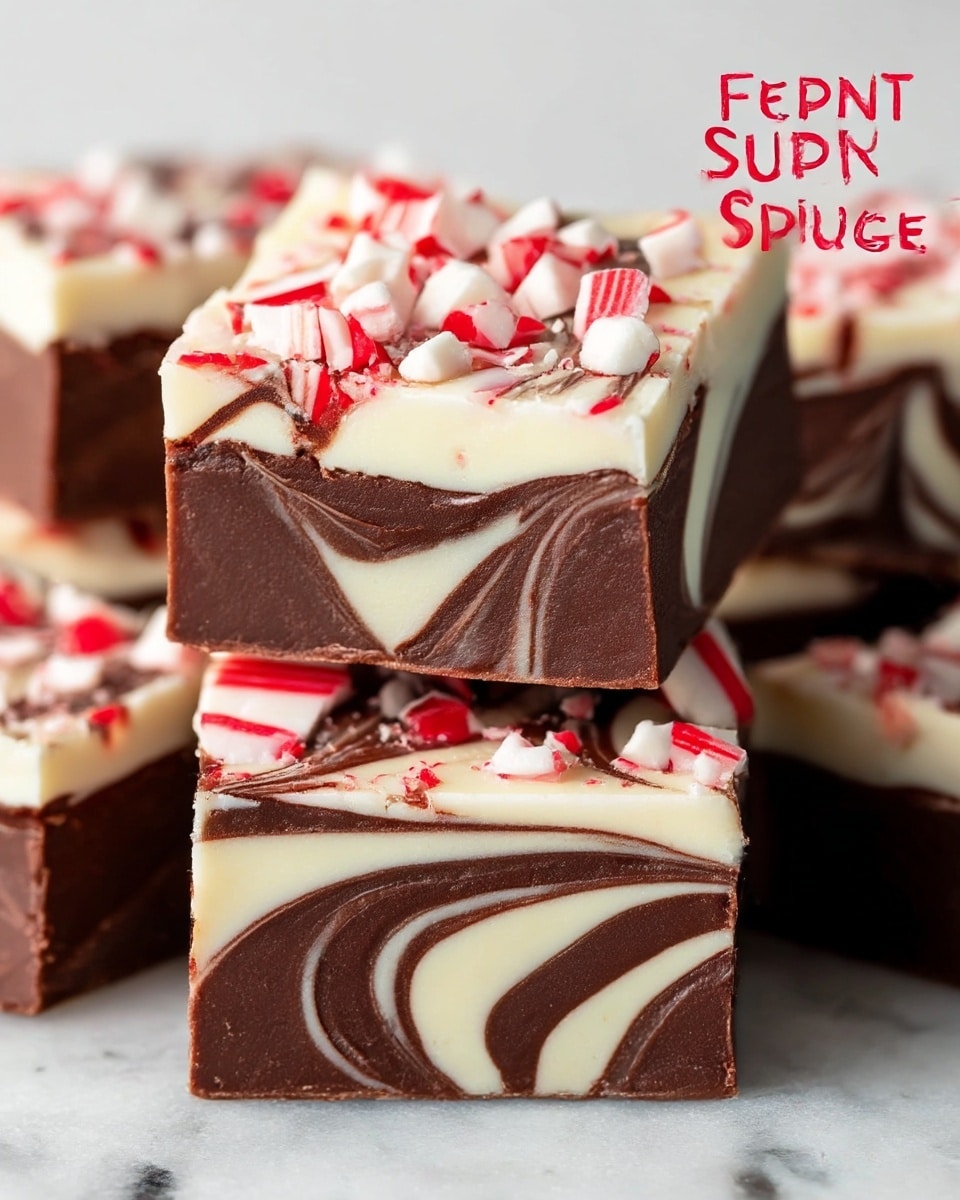 The image shows several square pieces of peppermint swirl fudge stacked closely together on a white marbled surface. Each piece has a smooth top layer covered with broken chunks of white and red peppermint candy. The fudge itself is made of two visible layers swirled together: a creamy white layer and a rich, dark brown chocolate layer, creating a marbled pattern on the sides of each square. One piece is raised on top, allowing a clear view of the thick swirled layers inside. The texture looks creamy and firm. Photo taken with an iphone --ar 4:5 --v 7