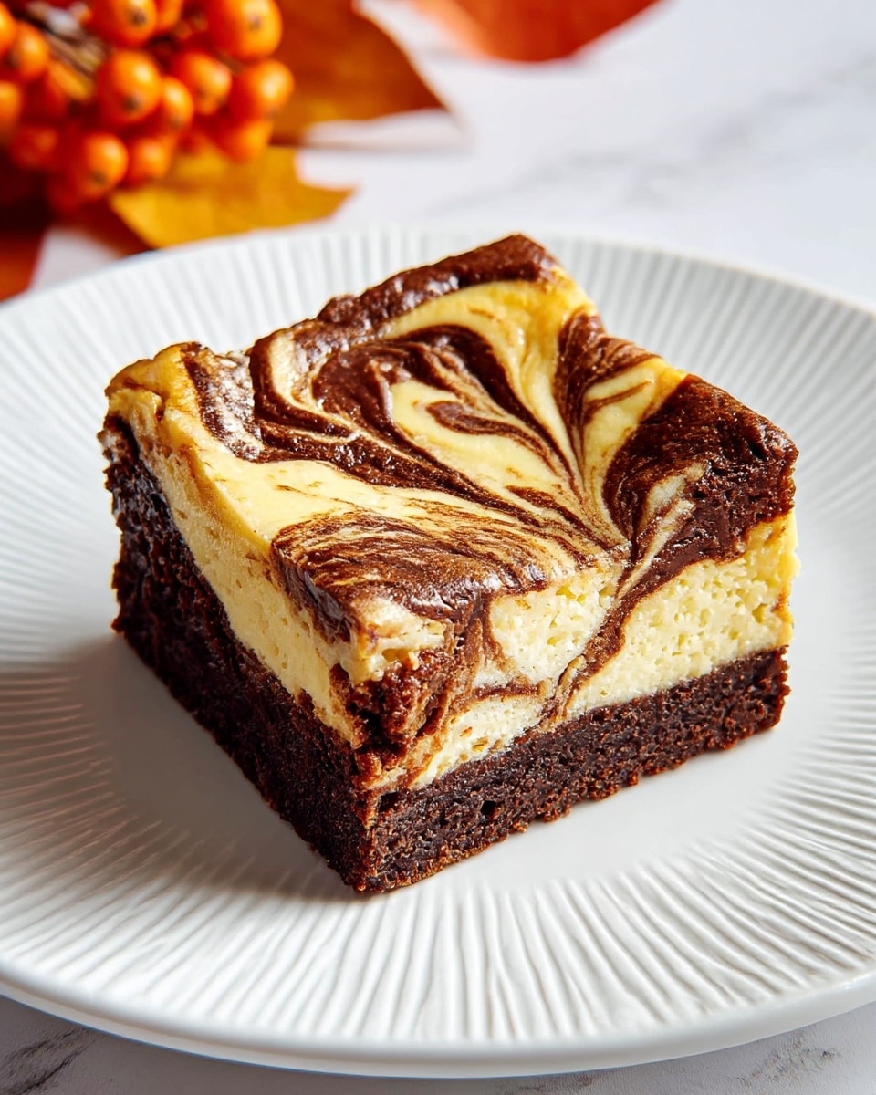 A square-shaped dessert with two main layers sits on a white plate with fine ridges; the bottom layer is a thick, rich, dark brown chocolate brownie with a slightly rough texture, while the top layer is a creamy yellow cheesecake swirled with dark brown chocolate in marbled patterns, giving a smooth, glossy look. The cheesecake layer shows intricate swirls and ripples of chocolate blending into the yellow base, creating an eye-catching contrast, and the edges have a slightly raised, glossy finish. The plate rests on a white marbled texture surface, and in the background, out of focus, are some orange berries and autumn leaves. photo taken with an iphone --ar 4:5 --v 7
