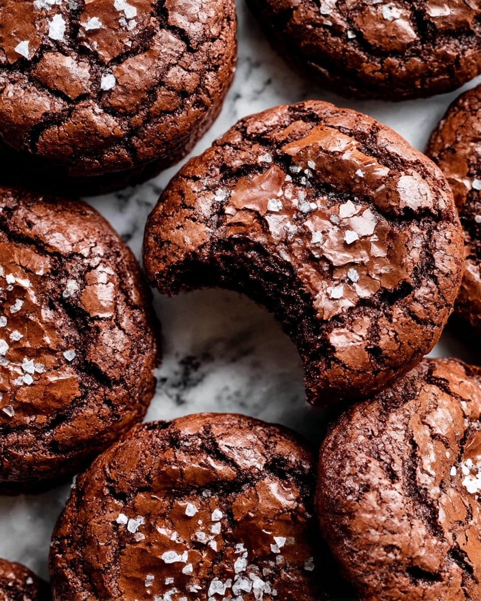 The image shows a close-up view of several round chocolate cookies with a cracked, shiny surface sprinkled with coarse sea salt flakes. Each cookie has one main layer with a rich, dark brown color and a slightly wrinkled texture on top. The cookies are stacked closely together, with one cookie in the center having a bite taken out, revealing a dense and fudgy inside. The background features a white marbled texture that contrasts with the deep color of the cookies. photo taken with an iphone --ar 4:5 --v 7