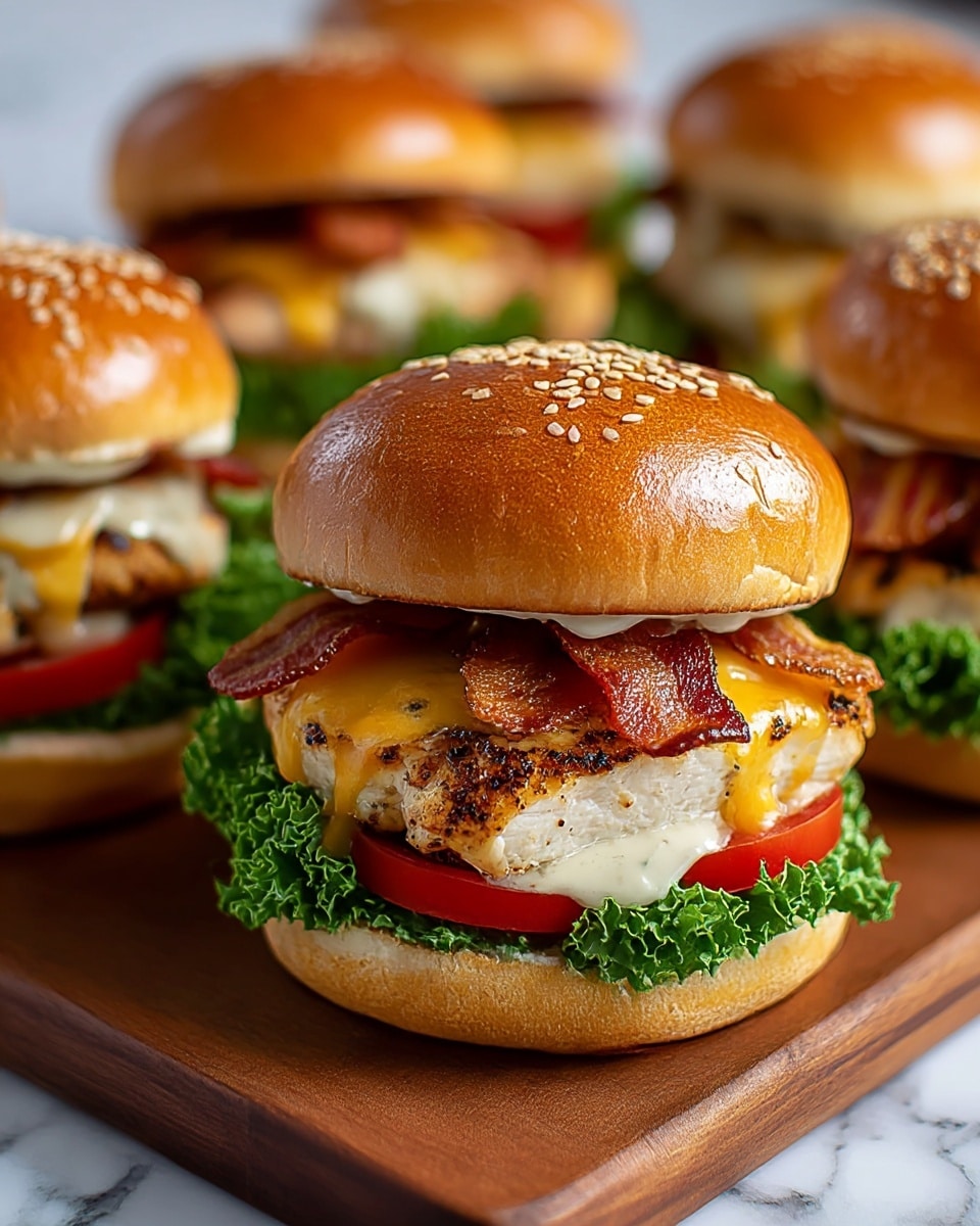 A close-up view of a grilled chicken sandwich showing four layers inside a shiny sesame seed bun. The bottom layer has fresh, curly green lettuce, above it is a thick, juicy grilled chicken breast with a slightly charred texture. On top of the chicken are melted orange and white cheese dripping down the sides, followed by crisp bacon strips with a reddish-brown color, and finally a few slices of bright red tomato under the top bun. The sandwich sits on a wooden board with more similar sandwiches blurred in the background, all placed on a white marbled surface. Photo taken with an iphone --ar 4:5 --v 7