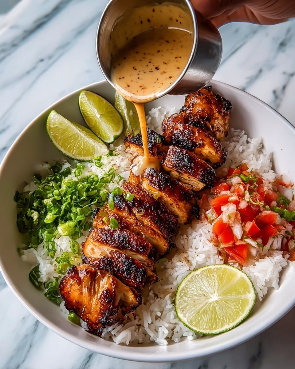 The image shows a white bowl filled with three main layers: the bottom layer is fluffy white rice spread evenly, topped by a row of grilled chicken pieces with a dark brown charred glaze, arranged in the center. To one side of the chicken, there is a small pile of finely chopped red and green vegetables, likely tomatoes and green onions. Two lime wedges with light green flesh sit on the edge of the bowl. On the opposite side, a metal cup is held above the bowl by a woman's hand, pouring creamy, light brown sauce with visible seasoning specks onto the chicken. The bowl rests on a white marbled surface. Photo taken with an iphone --ar 4:5 --v 7