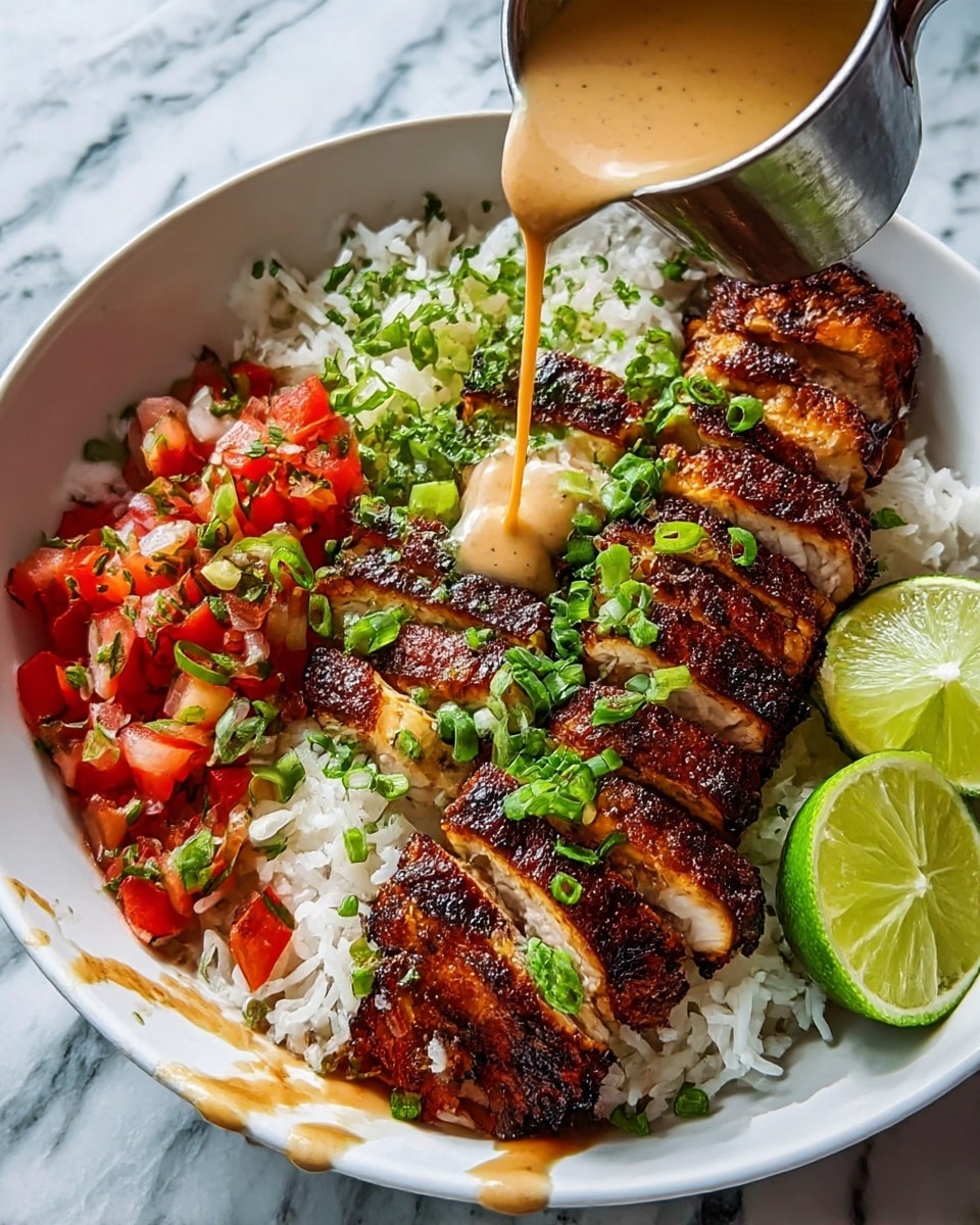 A white bowl filled with a base layer of white rice, topped with a neatly arranged row of dark brown charred grilled chicken slices, sprinkled with chopped green onions. On one side of the bowl, there is a small portion of chopped red and green pico de gallo, and on the other side, two bright green lime wedges. A metal cup with a creamy light brown sauce is tilted, pouring the sauce over the chicken and rice, with some sauce spilling onto the white marbled surface underneath. photo taken with an iphone --ar 4:5 --v 7