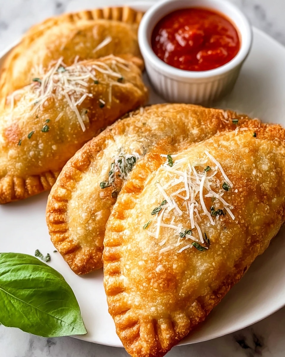 The image shows three golden brown fried calzones arranged closely on a white plate. Each calzone has a bubbly, crispy crust with crimped edges and is topped with a small sprinkle of shredded white cheese and green herbs. To the side, there is a small white bowl filled with bright red marinara sauce, and a fresh green basil leaf rests beside it. The plate sits on a white marbled surface. photo taken with an iphone --ar 4:5 --v 7