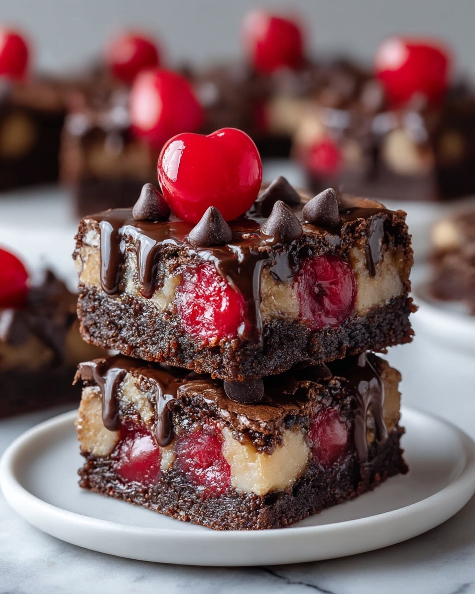 Two stacked square brownie pieces sit on a white plate with a white marbled texture underneath, each piece showing three visible layers: a dark brown, dense chocolate base layer; a middle layer filled with bright red cherries and lighter beige chunks; and a top layer covered with shiny, melted chocolate drips, dark chocolate chips, and a whole glossy red cherry on top of each piece. The brownies have a moist, rich texture with the cherries adding a pop of bright color. In the background, blurred out, more brownies are visible. Photo taken with an iphone --ar 4:5 --v 7