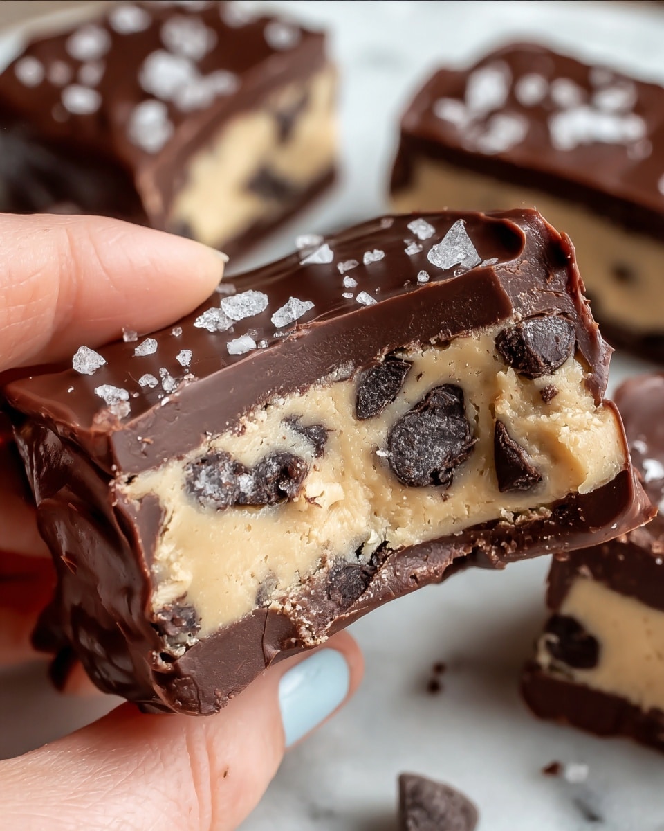 A close-up of a chocolate-covered treat held by a woman's hand, showing three visible layers: the bottom layer is dark chocolate with a smooth, slightly glossy texture, the middle layer is a thick, creamy beige dough with large dark chocolate chunks embedded inside, and the top layer is a glossy dark chocolate coating sprinkled with large coarse sea salt crystals. The background shows more pieces of the same treat on a white marbled surface, slightly out of focus. Photo taken with an iphone --ar 4:5 --v 7