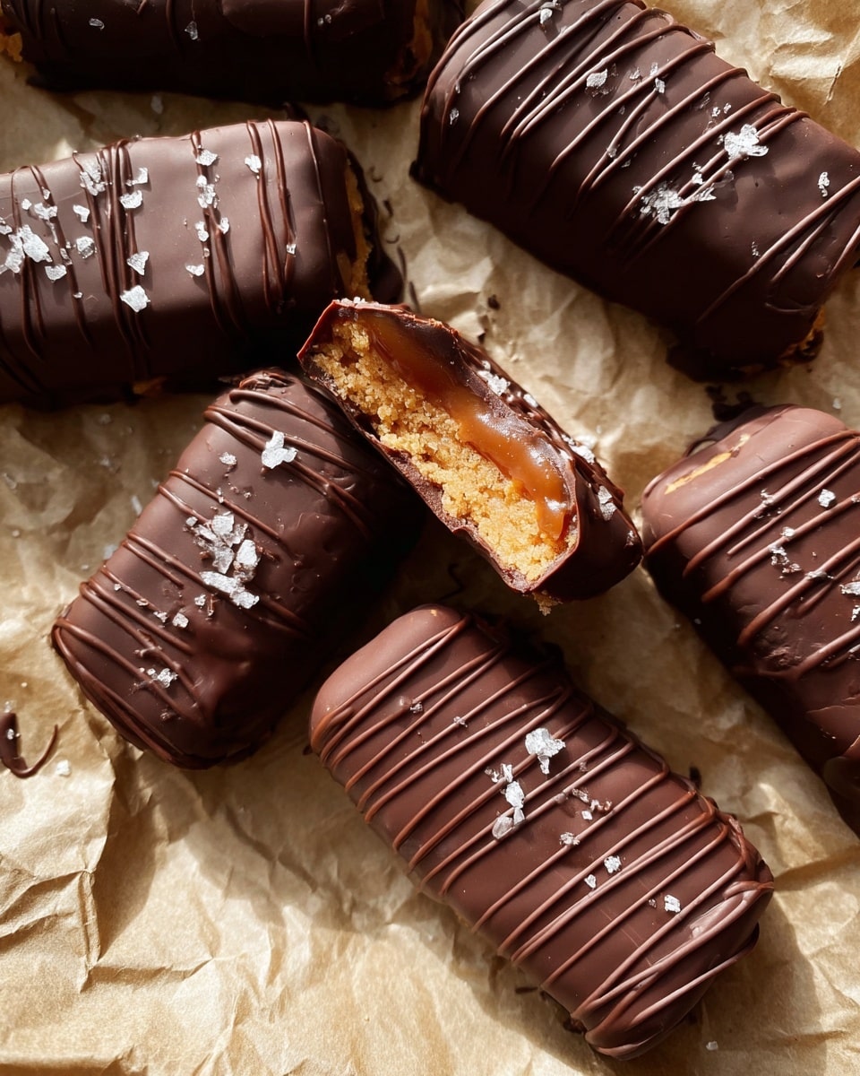 The image shows several rectangular chocolate-covered bars resting on crinkled beige paper. Each bar has a smooth, dark brown chocolate coating with a glossy finish, topped with thin, darker chocolate drizzles arranged in parallel lines across the surface. On top of the bars, there are small flakes of white sea salt scattered. One bar is broken open, showing two inner layers: a soft, light brown caramel-like layer at the top and a denser, crumbly, pale golden cookie dough layer at the bottom. The rich textures and warm sunlight highlight the glossy chocolate and the crumbly inside. photo taken with an iphone --ar 4:5 --v 7