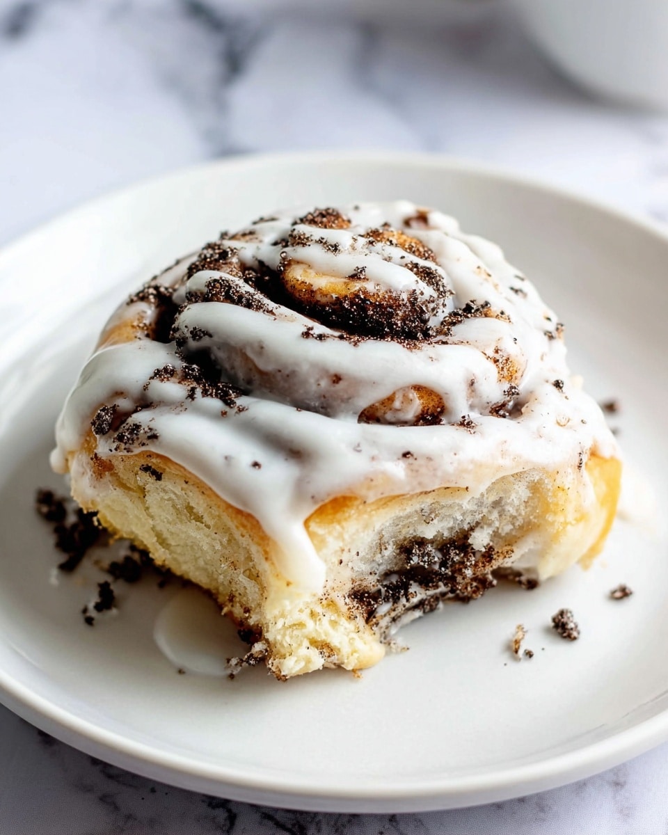 A single cinnamon roll piece is shown on a white plate layered on top of another white plate, placed on a white marbled surface. The roll has three visible layers with light brown dough swirled with darker brown cinnamon filling. The top is decorated with white icing drizzled across in wavy lines and small bits of dark cinnamon pieces sprinkled on top. The texture of the roll looks soft with a slightly golden baked crust on the outside. photo taken with an iphone --ar 4:5 --v 7