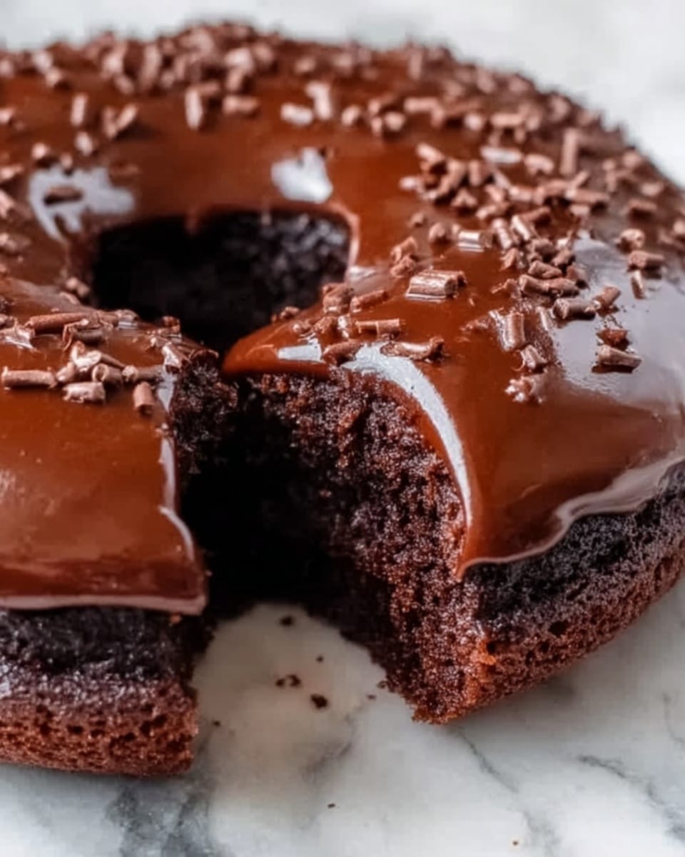 The image shows a close-up of a chocolate cake with a glossy, smooth chocolate glaze on top. The cake has two layers: the bottom layer is a dark brown, soft-looking chocolate cake, and the top is a shiny, slightly thick chocolate glaze with small pieces of chocolate sprinkled on it. A bite has been taken out of the cake, revealing the moist and rich texture of the cake inside. The cake sits on a white marbled surface. Photo taken with an iphone --ar 4:5 --v 7